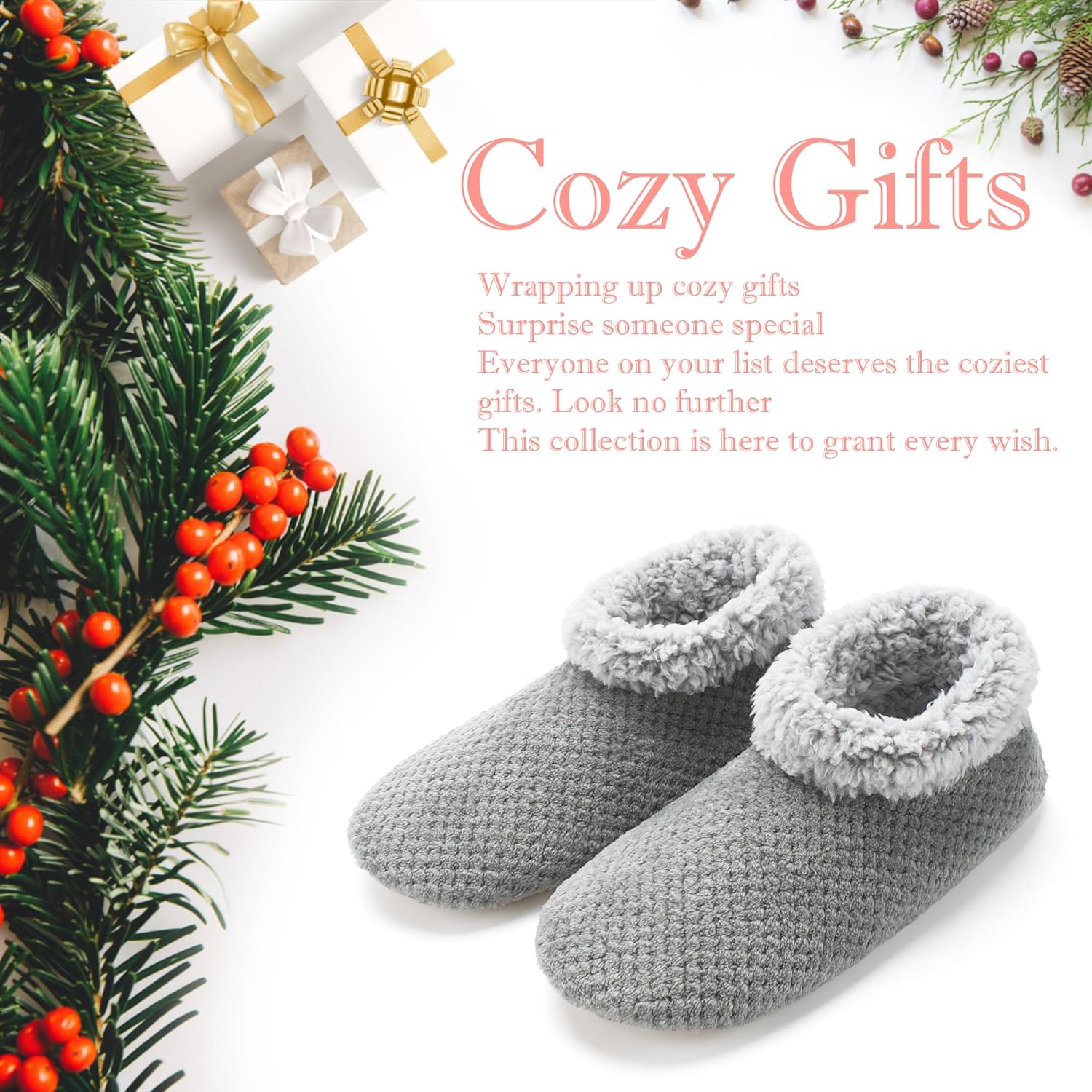 Soft Fuzzy Slippers for Women Indoor, Warm Furry House Sock Shoes Fluffy Lined, Bedroom Booties Non-Slip Gripper Soles, Winter Cozy Christmas Gifts - Image 5