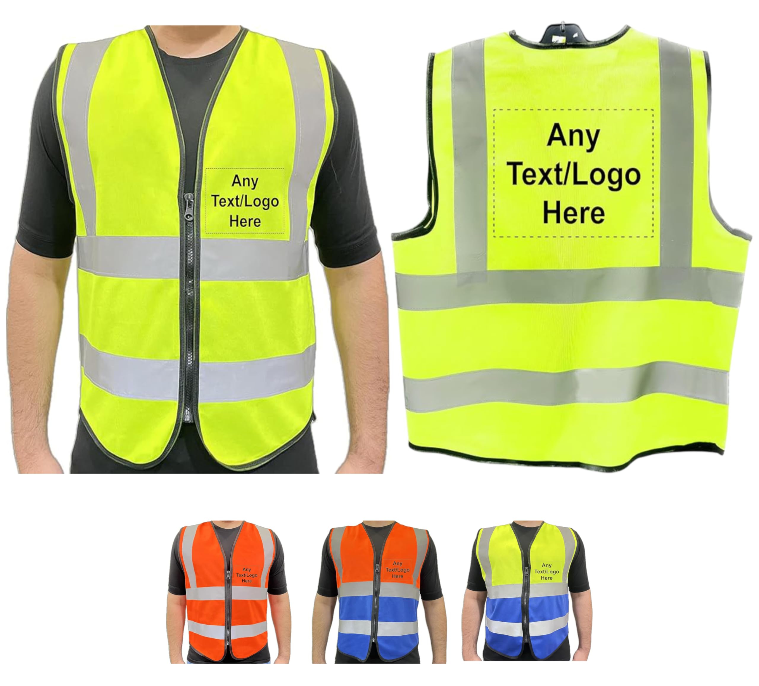 PB TECH Personalised Printed High Visibility Hi Vis Zipper Front Vest Customised Hi Viz Safety Waistcoat, Emergency Jacket with Neon Reflective Strips. (S, Yellow)
