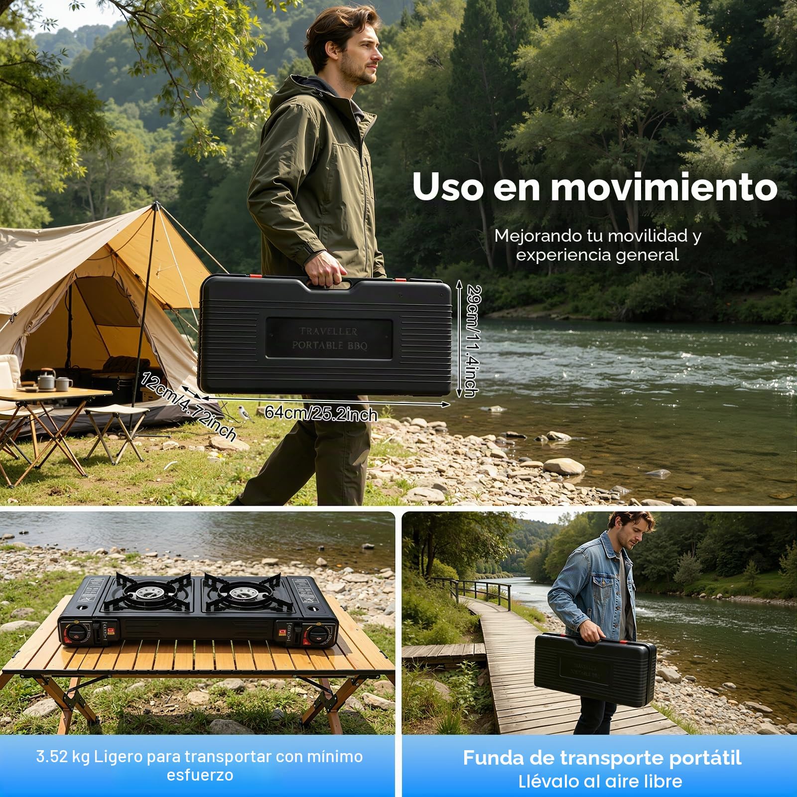 Hornillo de gas de 2 fuegos con encendido piezoeléctrico, hornillo de camping con conexión LPG, hornillo de gas para camping para cartuchos de gas, hornillo de camping con 2 focos, hornillo de gas