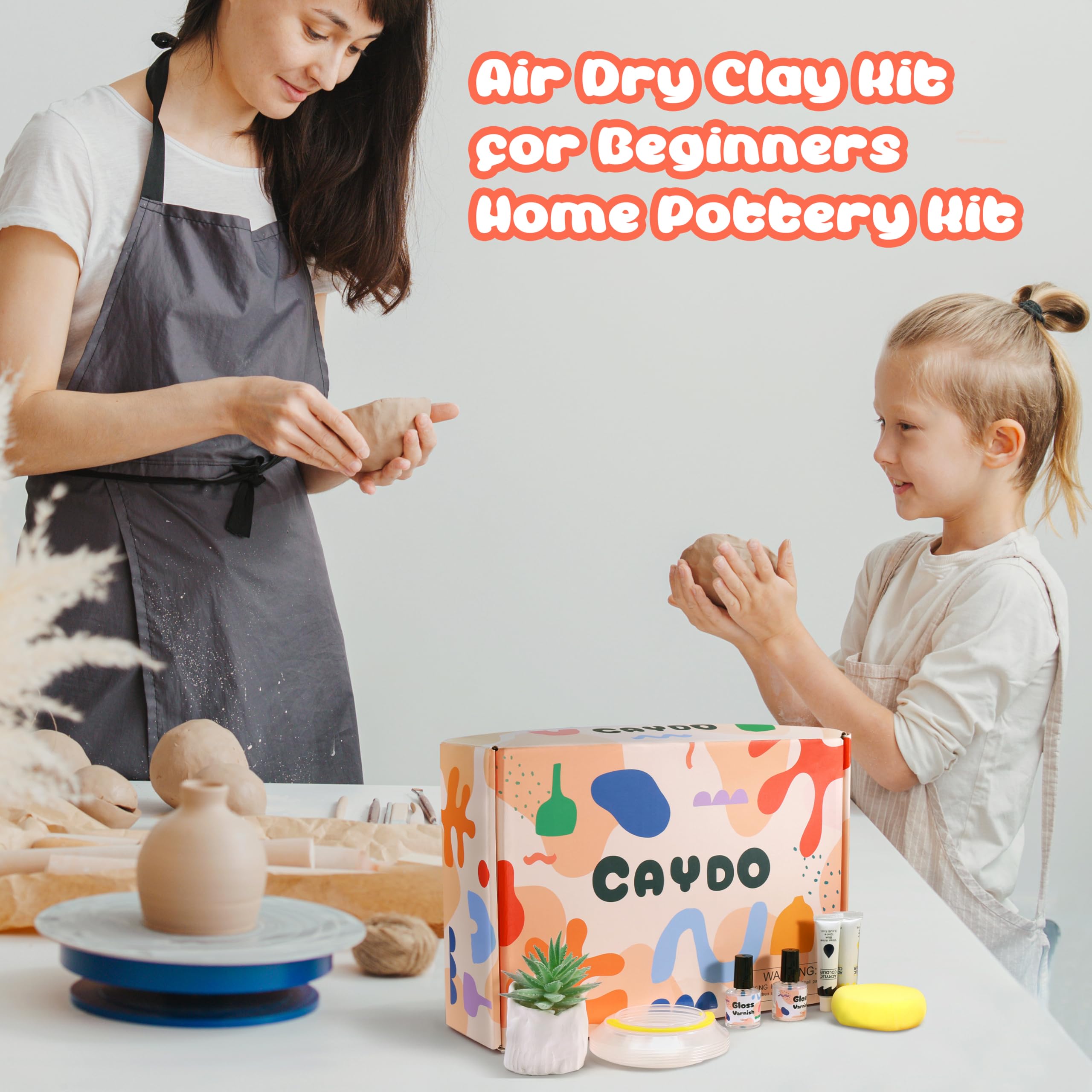 Caydo Lufttrocknendes Ton-Set für Erwachsene & Anfänger – Komplettes Töpfern-Set mit Werkzeugen, Acrylfarben, Lack & Anleitung – Ideal für Zuhause & Weihnachten