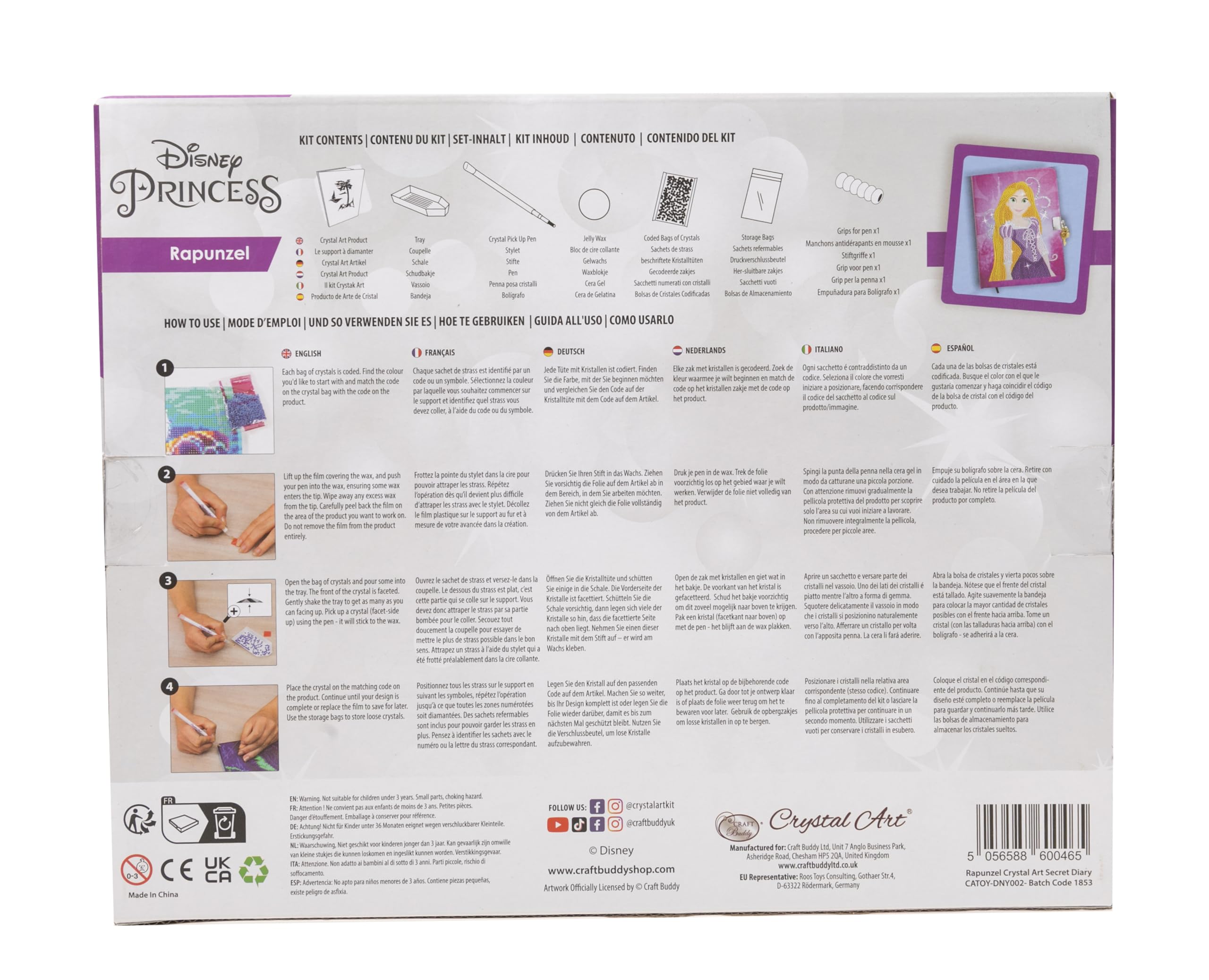 CRYSTAL ART - Diamond Diary Kit - Includes: Notebook with Padlock, 2 Keys, Numbered Adhesive Template, Stylus, Glitter Rhinestones - Disney Princess - Rayponce