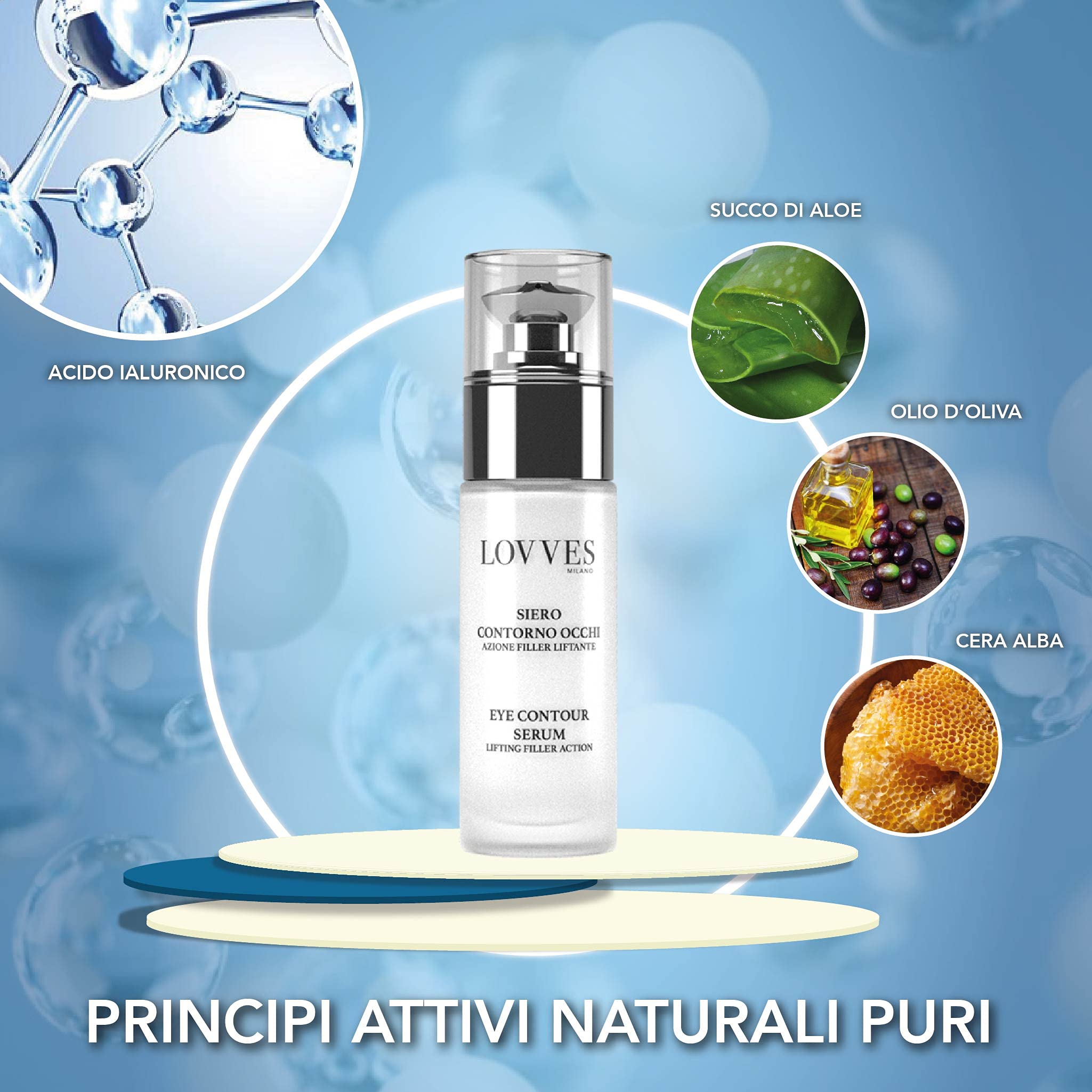 LOVVES Siero Contorno Occhi, Alta Cosmesi Naturale, Azione Liftante, Contrasta le rughe di espressione, Rassoda e rivitalizza la pelle del contorno occhi, Idratante, Effetto Lenitivo, 30ml