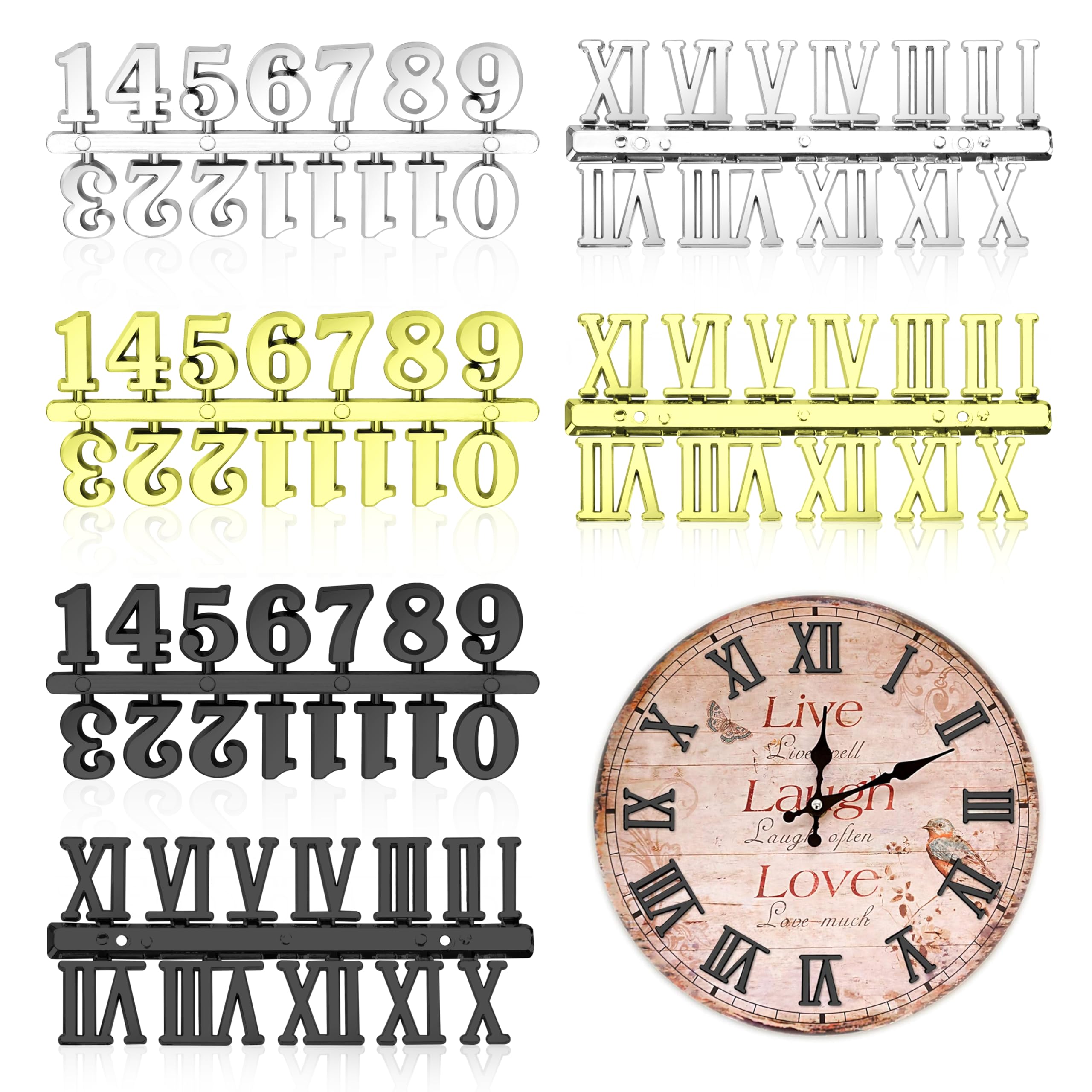 Kit de Números de Reloj Incluyendo Número Árabe y Número Romano en Oro Números de Reloj Digital DIY para Decoración Reparación Sustitución 6 Piezas