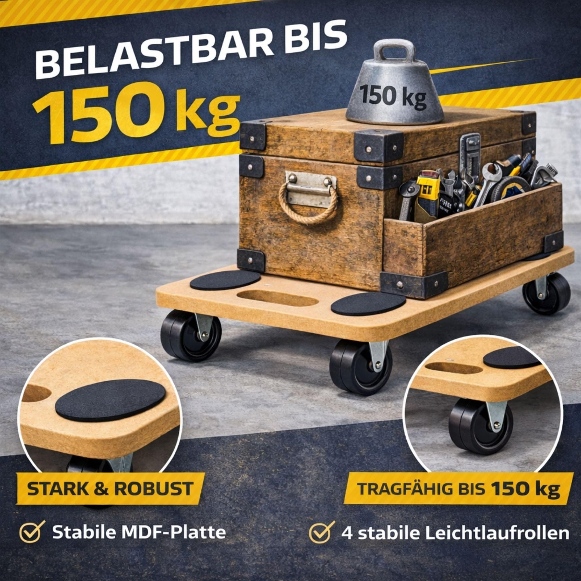 6X Rollbrett Transportroller 45 × 26 cm – bis 150 kg Tragkraft – Möbelroller aus MDF mit 4 Lenkrollen & Anti-Rutsch-Pads – Transporthilfe für Umzug, Haushalt & Werkstatt