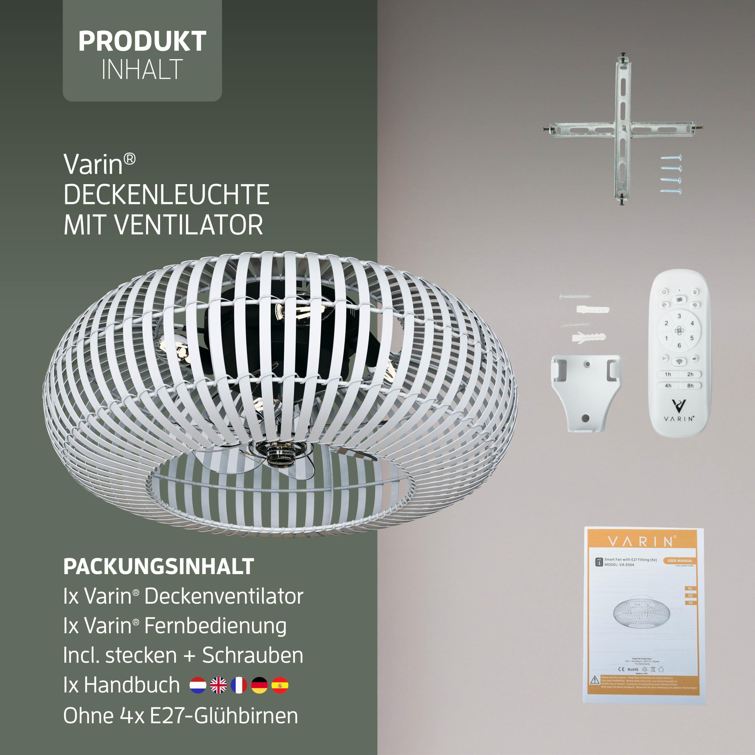Varin® Smart Deckenventilator mit Beleuchtung, Ø 50cm - Bambus Weiß | Ventilator Lampe Decke mit 4x E27 Fassungen (ohne Leuchtmittel), Tuya WLAN, Deckenleuchte mit Ventilator, Fernbedienung