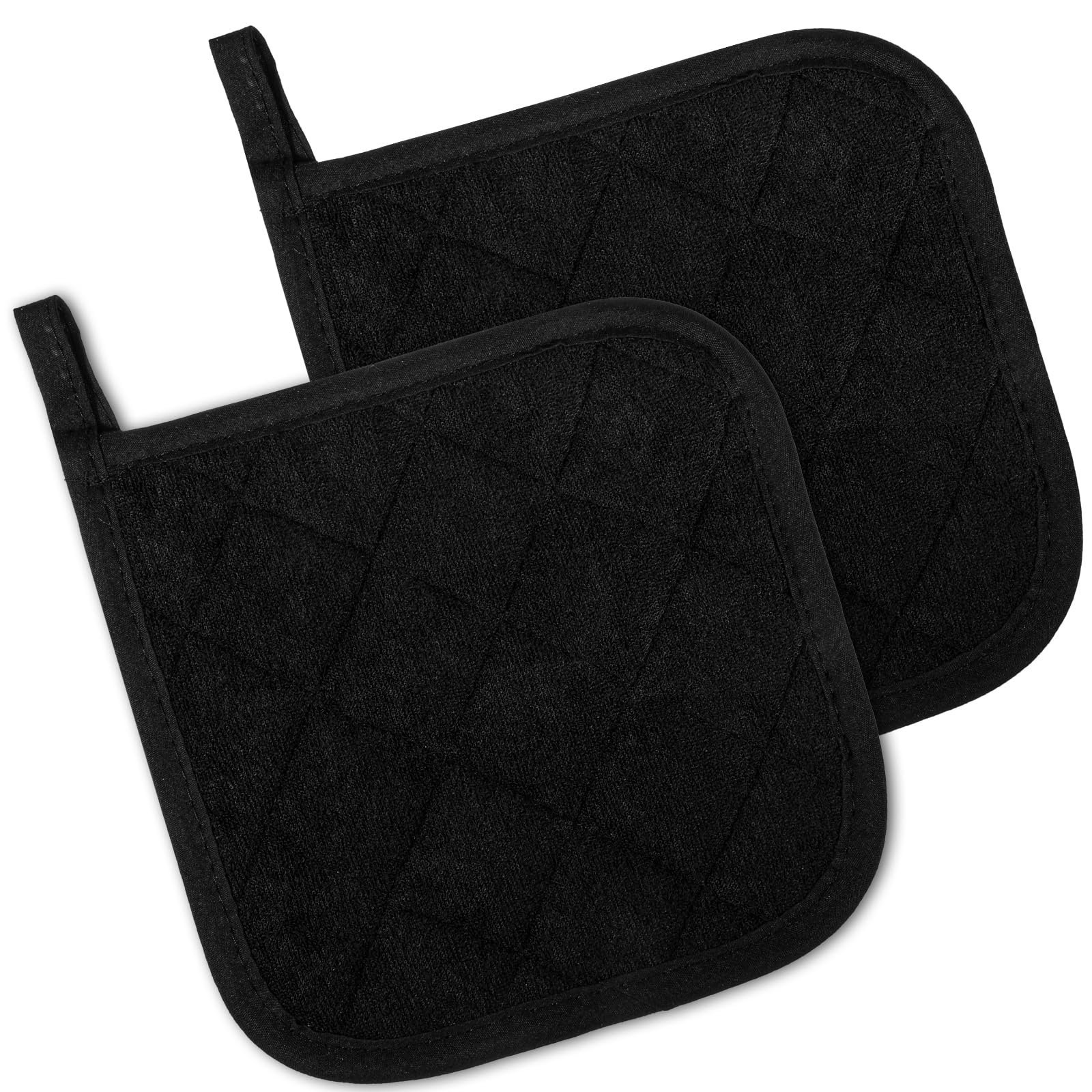 2 Pcs Cotton Pot Holders, 17cm/6.7-Inch Square Potholders for Kitchen, Non Slip Kitchen Pot Holders Cotton Lining Hot Pads for Baking Cooking Oven (Black)
