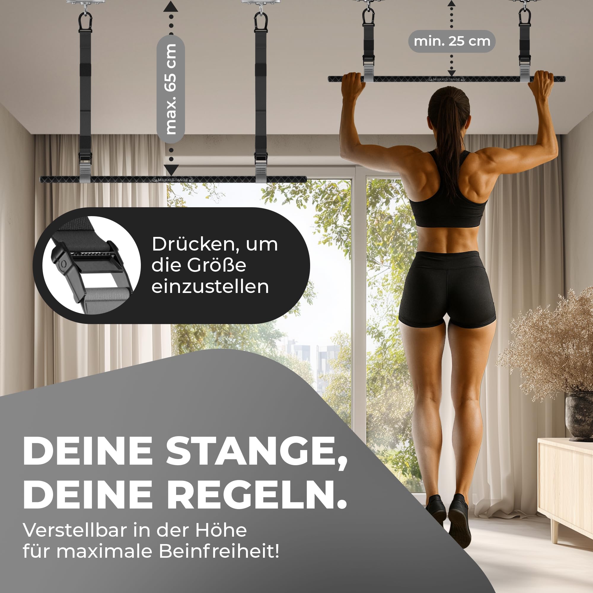 Klimmzugstange Decke, abnehmbar, höhenverstellbar, griffig, platzsparend, verstaubar, zum Aufhängen, geprüftes Fitnessgerät für Zuhause, sichere Pull-Up Bar mit Beinfreiheit