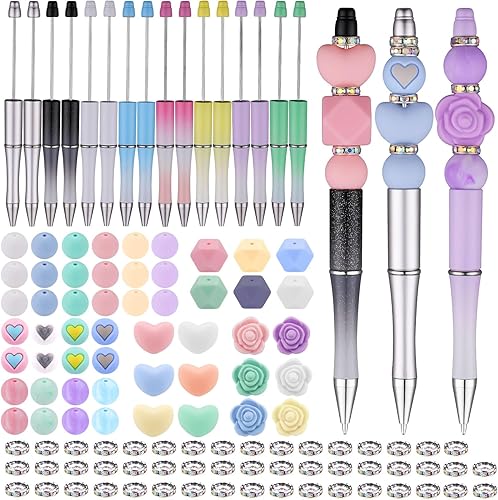Juego de 16 bolígrafos de plástico con cuentas surtidas, cuentas de silicona, juego de cuentas espaciadoras de cristal, tinta negra, juego de