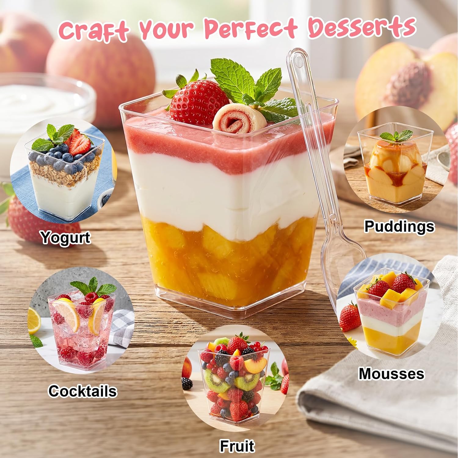 300 Pcs 5 oz Clear Plastic Dessert Cups with Lids and Spoons, Square Mini Shooter Cups, Yogurt Parfait Cups for Pudding, Fruit, Ice Cream, Appetizer Cups for Weddings, Parties, Picnics, and Camping