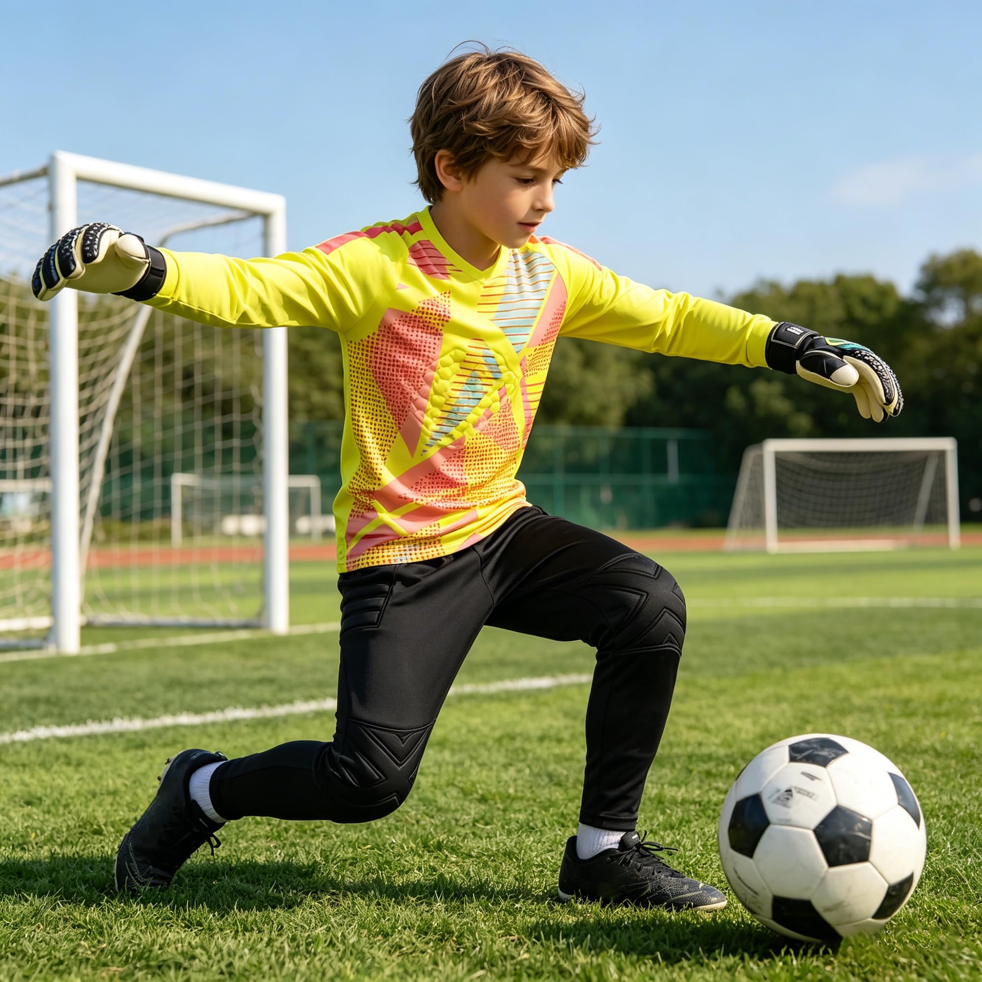 Maglia da portiere per adulti e bambini, traspirante, con pantaloncini, set da calcio, con imbottitura imbottita, attrezzatura da portiere