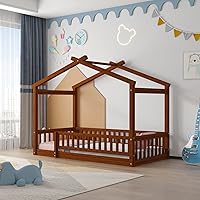 Vista 26 de Merax Cama de tamaño individual de madera estilo casa con valla, marco de cama de madera con techo y barandilla de seguridad para niños, Blanco