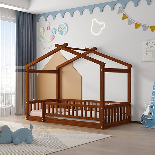 House Bed Twin Size Floor Bed with Fence Railings, Wooden Montessori Style Bed Frame for Kids, Fun Playhouse Beds for Girls Boys, Walnut