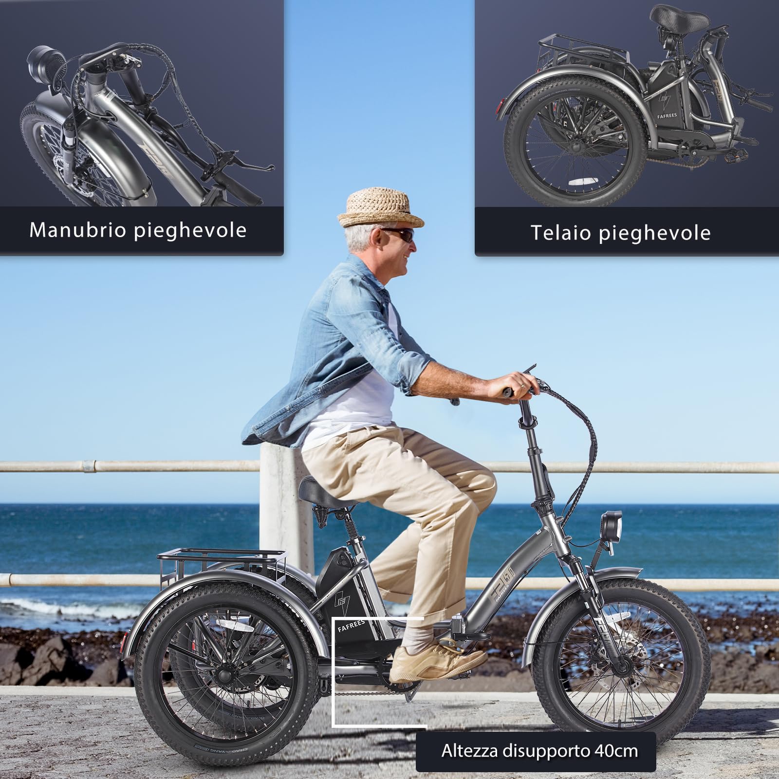 Fafrees Triciclo Elettrica F20 Mate Bici Elettrica Pieghevole per Adulti Batteria Rimovibile 48V18.2Ah Ebike, Bicicletta Elettrica a 3 Ruote 20"×3.0, Autonomia 110km, Cestino Posteriore Piccolo