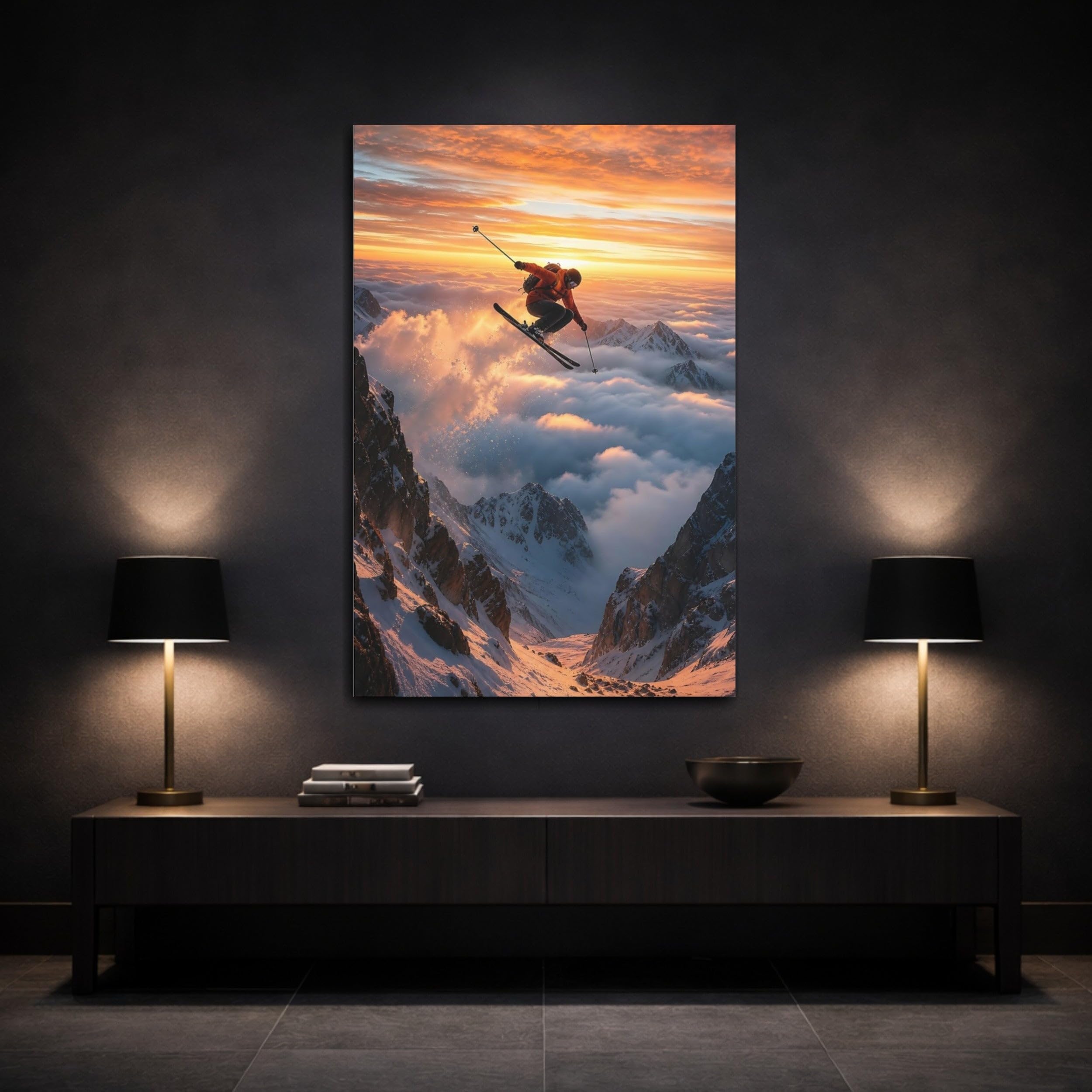 Nature Mountain Skier Orange Sky Canvas Wall Art Print – Living Room Decor 24×36 inch (60×90 cm) - Vertical / 1.25 inch (3 cm)