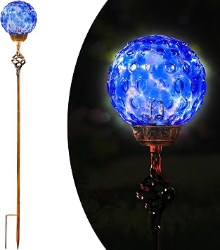 Garden Solar Lights Outdoor, Decorative LED Honeycomb Glass Ball Garden Stake, Glass and Metal Outdoor Decoration, 4 x 31 Inch Dark Blue