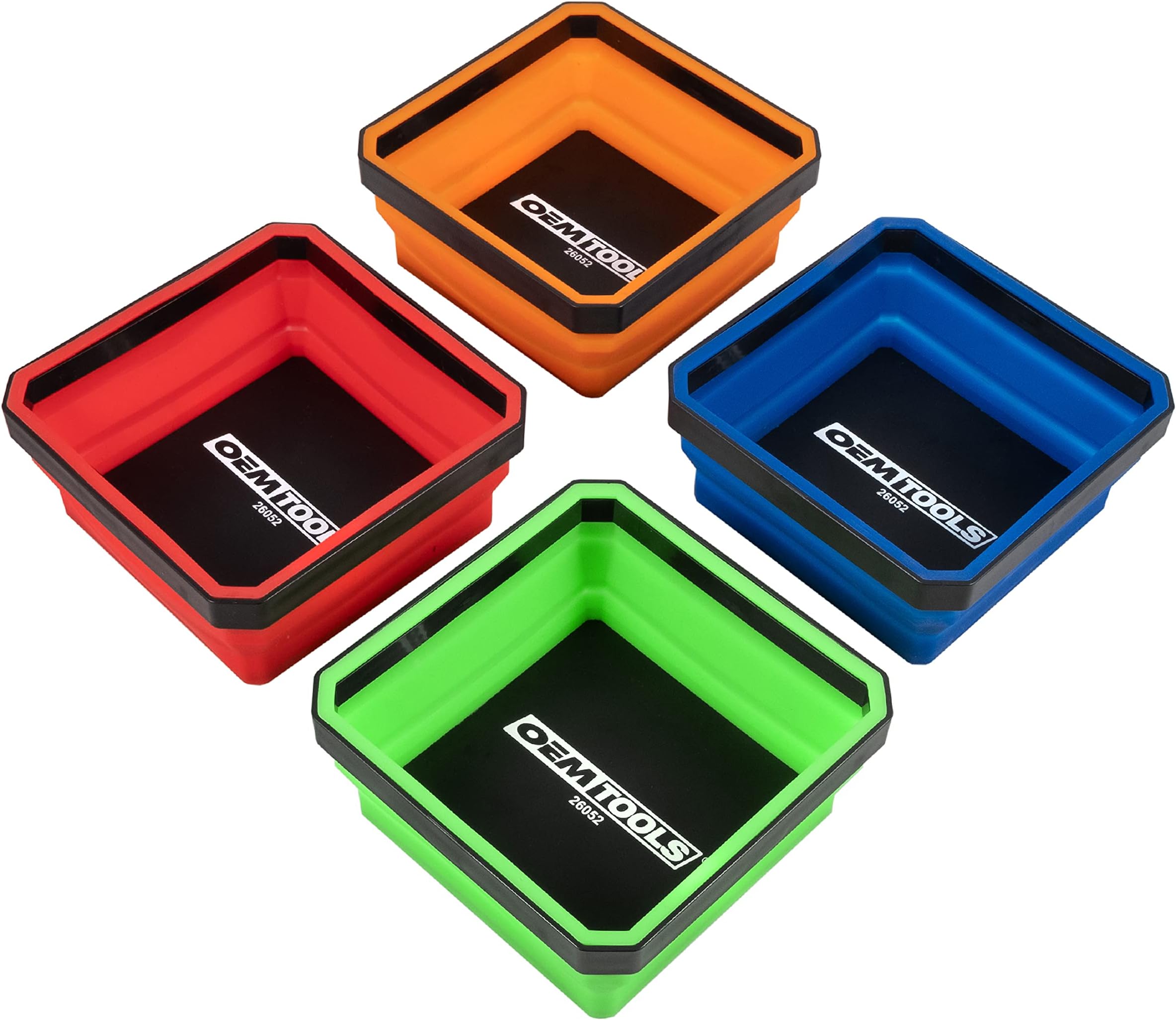 OEMTOOLS 26052 Magnetic Foldable Tray, 4 Pack Collapsible Bowl Set for Small Parts and Tools, Silicone Tray, Red, Blue, Orange, and Green Magnetic Tool Tray Set