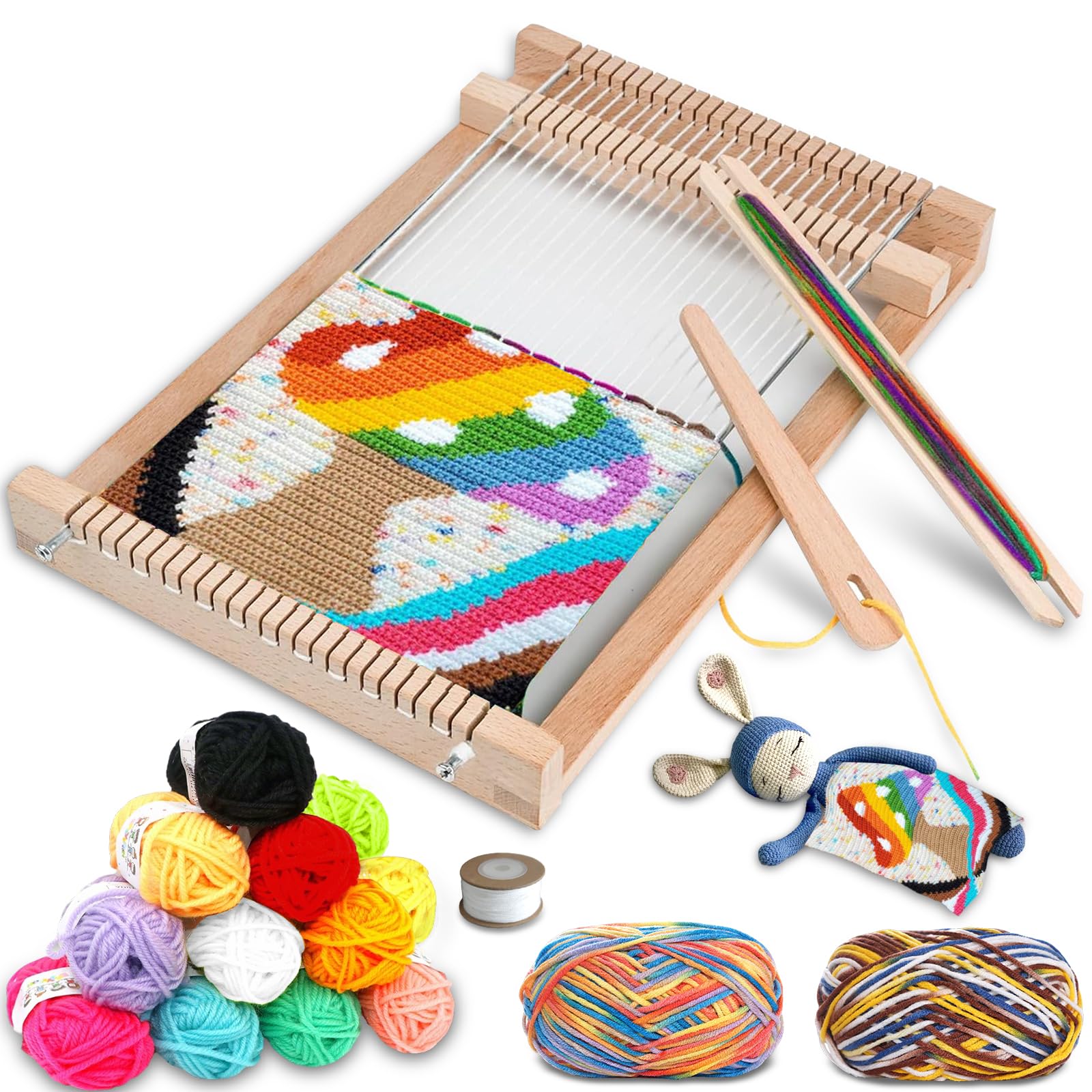 Bibykivn Métier à Tisser En Bois, Machine à Tricoter à la Main Bricolage, Kit de Métier à Tisser pour les Enfants de 6 à 12 Ans, Avec Iaine Colorée pour débutants et enfants