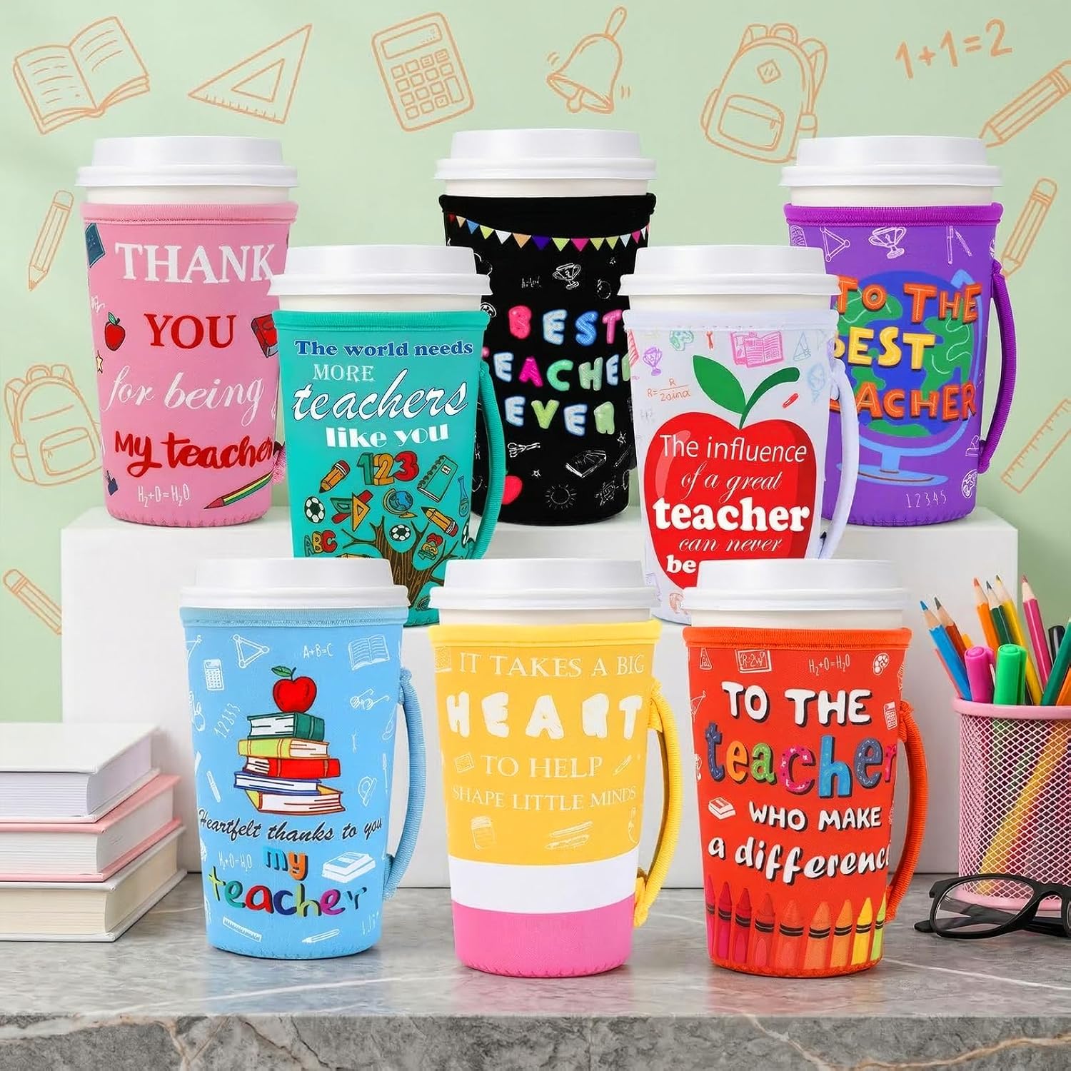 8 Pcs Teacher Appreciation Gift Reusable Insulated Neoprene Iced Coffee Cup Sleeves, Coffee Sleeve for Iced & Hot Drinks Cold, Teacher Treasure