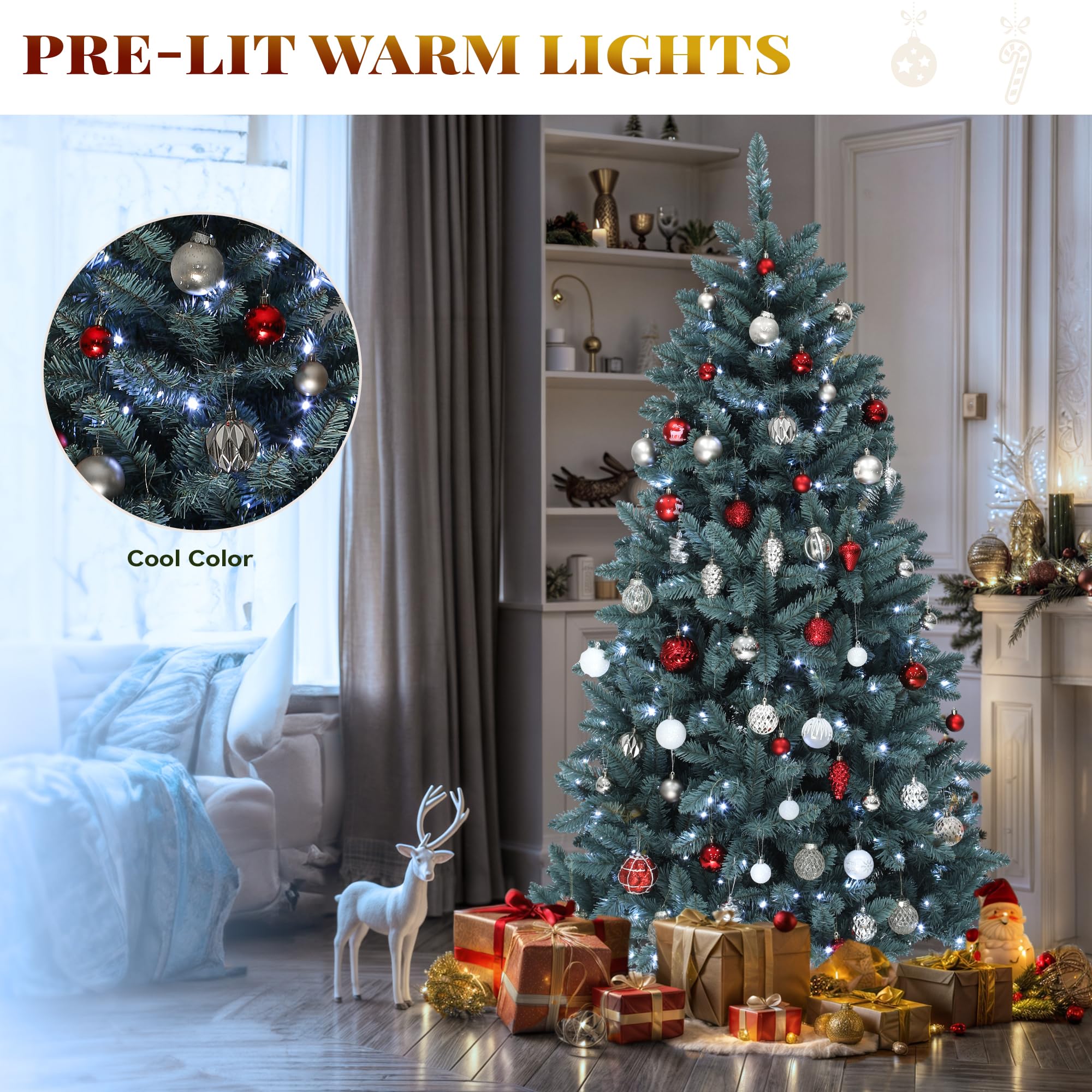 YITAHOME Sapin de Noël Artificiel en épicéa de 1,8 m avec éclairage, Branches rabattables, 880 Pointes et 450 lumières Blanches Chaudes