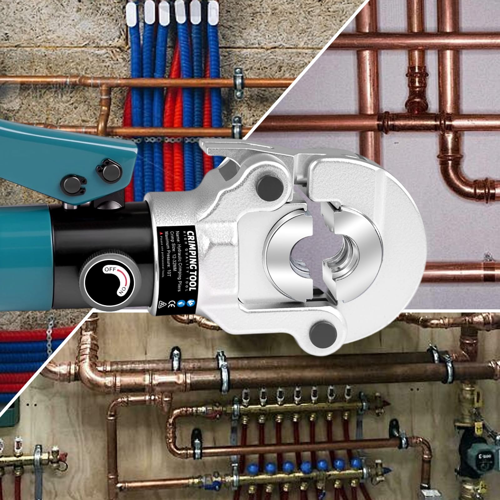 Profi Kupferrohrzange Hydraulisch Kupferrohr zange Presswerkzeug mit TH-Kontur inkl. TH16 TH20 TH26 TH32, Presszange mit 180° drehbarem Kopf für Kupferrohr, C-Stahlrohr, Edelstahlrohr, Backeneinsätze