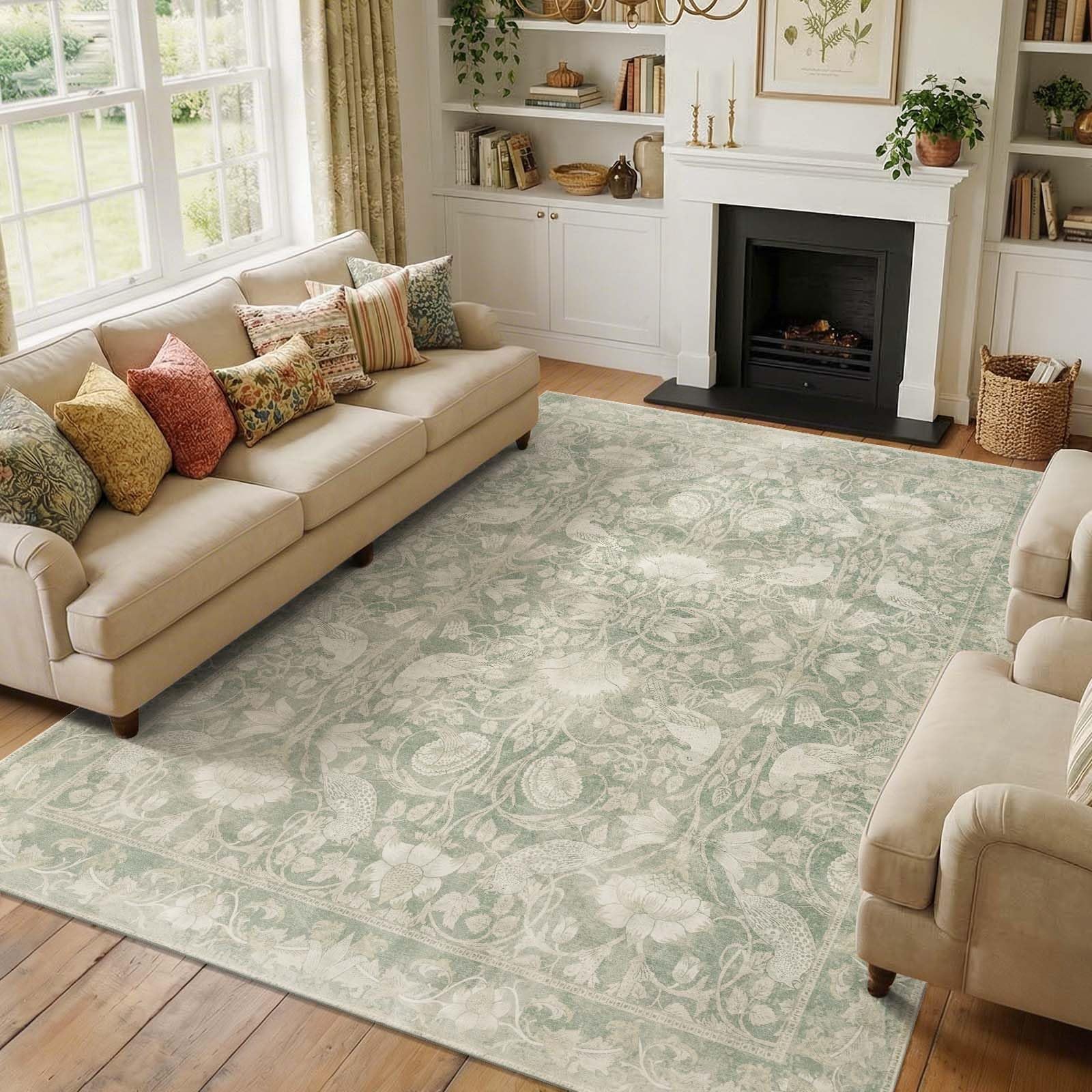 SIRIS 8x10 Washable Area Rug - Symmetrical Botanical Floral