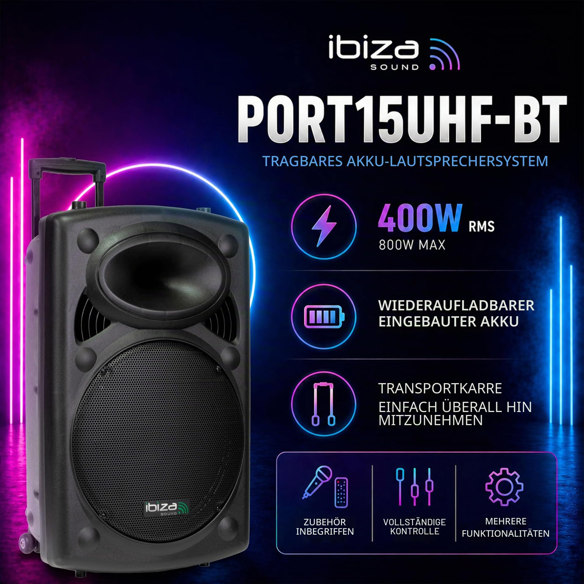 Ibiza PORT15UHF-BT Tragbarer Akku-PA-Lautsprecher 15"/38 cm – 800 W Max./400 W RMS – Karaoke mit 2 UHF-Mikrofonen – TWS – USB, SD, Rec, VOX – Trolley