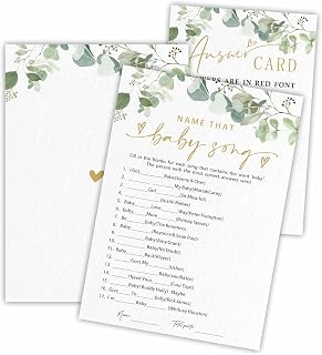 Name That Baby Song Baby Shower Game Cards - Golden Greenery - 30 Double-Sided Fill In Style Game Cards With Answer Card, Gender Reveal, Baby Announcement, Party Games & Activity - D15