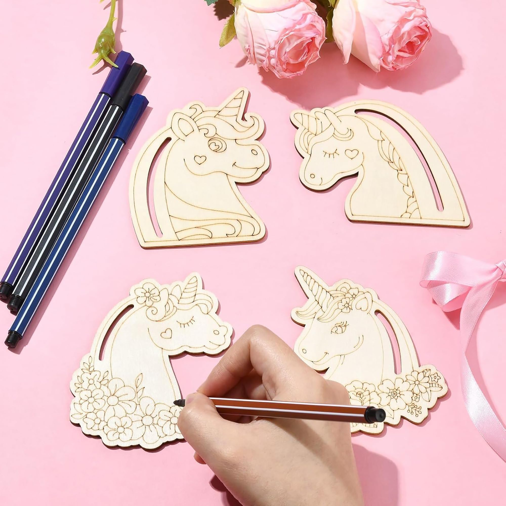 Cliths Pack of 20 Wooden Unicorn Head Cutouts Graffiti Flower, Heart, Animal Shapes for DIY Crafts Unfinished Wooden Blank for Home Decor, Card Making, Wreaths 3