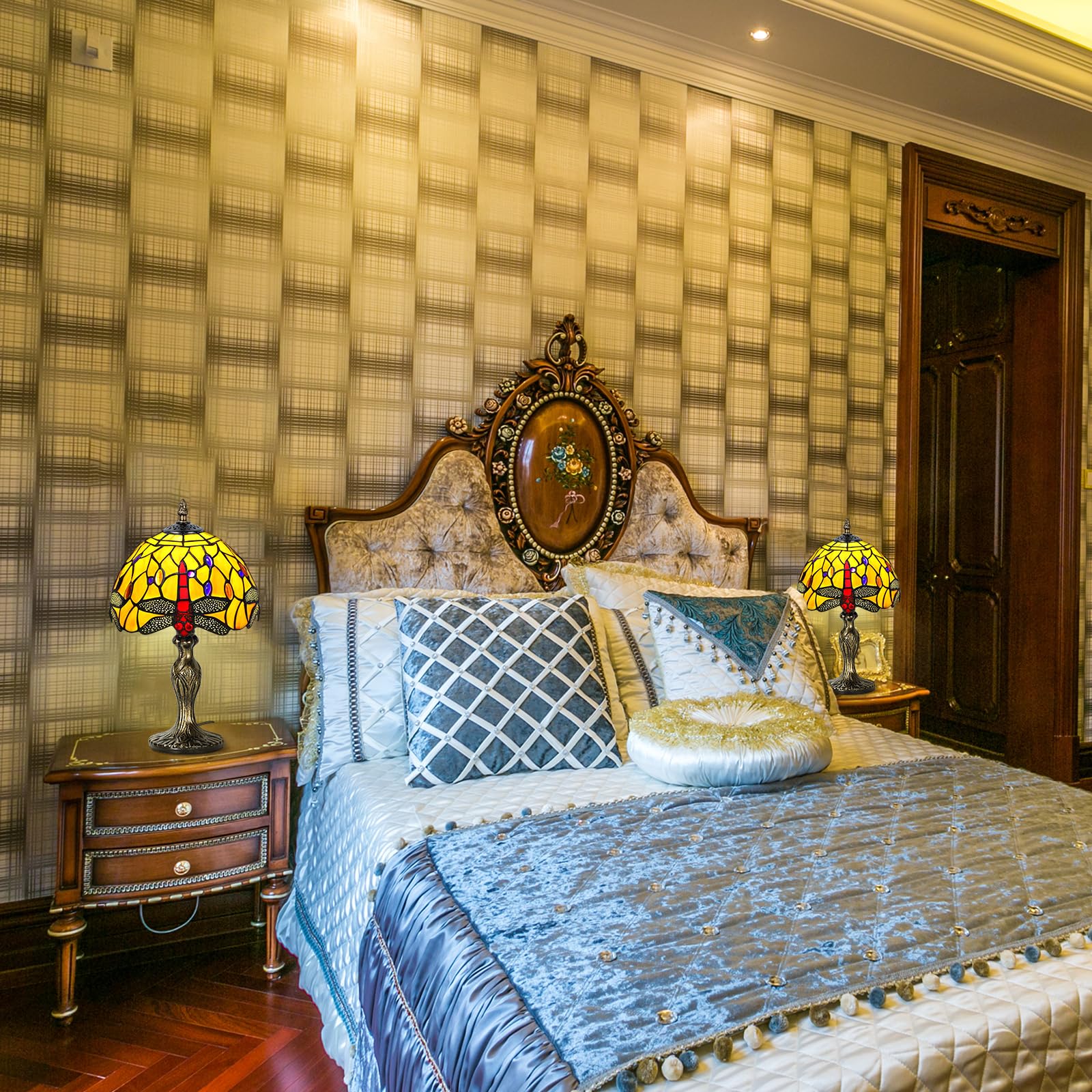 Tiffany lampa stołowa w stylu vintage, ręcznie wykonana, witrażowa, abażur, lampy stołowe, do sypialni, na stolik nocny, do gabinetu, biura (pomarańczowa libelka)