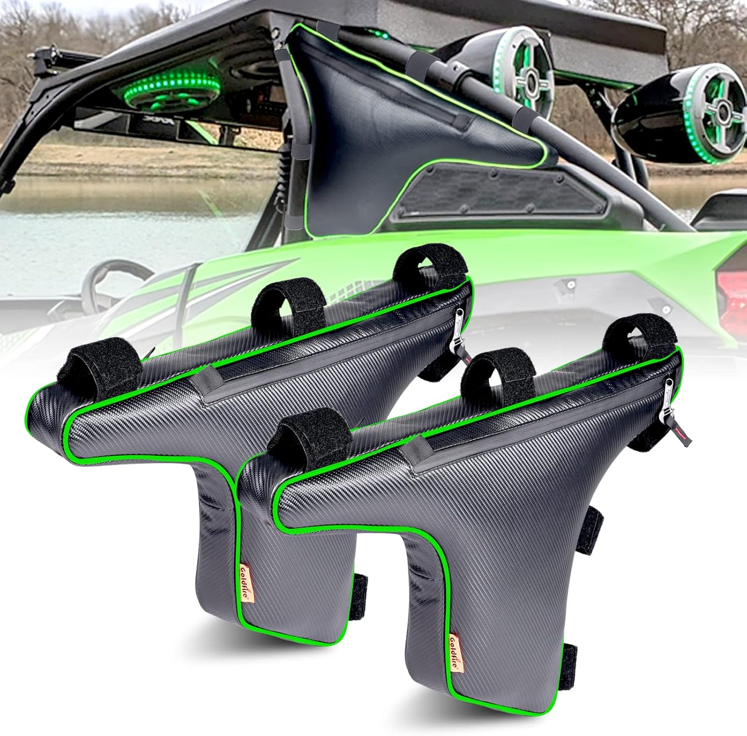 2 Pack UTV Triangle Truss Storage Bag Tool Pouch Side Cage Roll Bar Gear Bag For Kawasaki Teryx KRX 1000 2020 2021 2022 2023 Easy to Install (Green Piping)