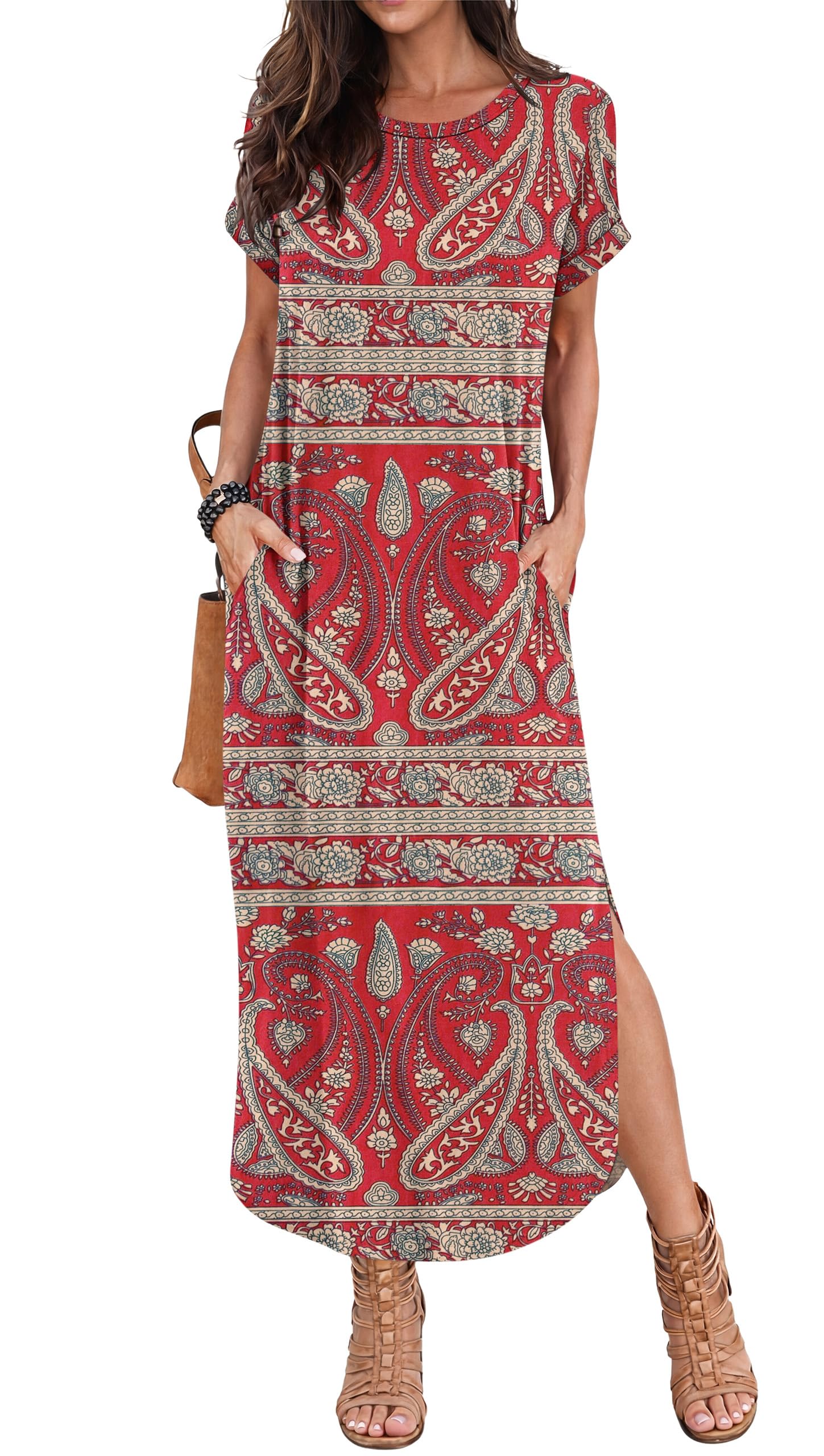 PLOKNRD Sommerkleid Damen Rundhalsausschnitt Maxi Freizeit Kleid mit Taschen Kurzarm Elegantes Schlitz Strandkleider Langes Shirtkleid