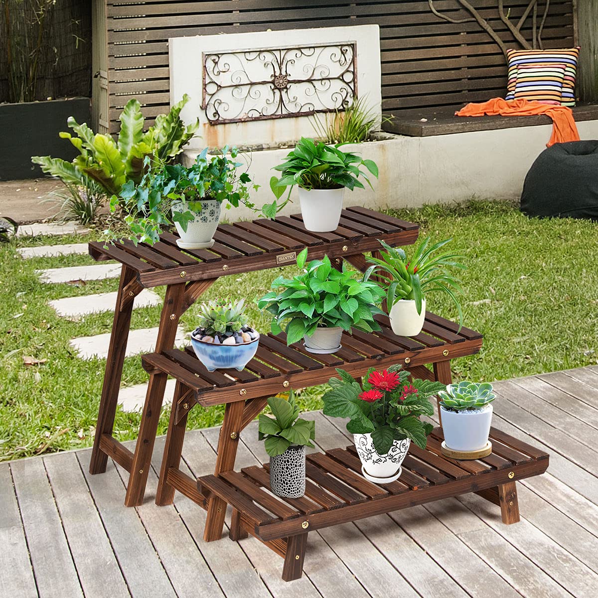 COSTWAY 3tlg. Blumenständer Holz, pflanzenständer Blumenregal, 14/34/53 cm hoch, Blumenbank freistehend, Blumentreppe Balkon Garten, Pflanzenregal Holzregal, Leiterregal Indoor Outdoor, Natur