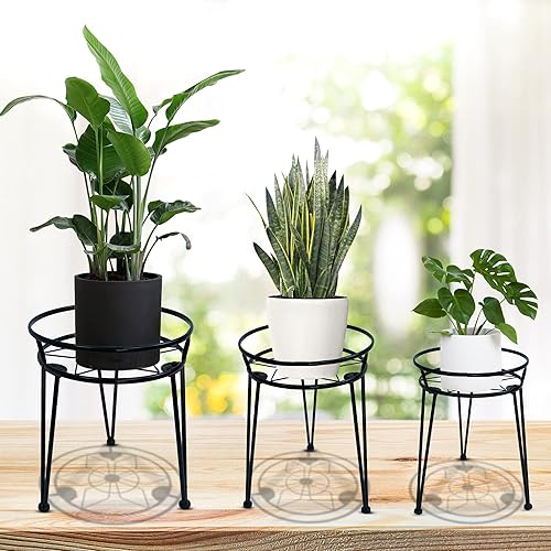 TOWCSTER Paquete de 3 soportes de metal para macetas de interior y exterior, contenedor de hierro resistente a la corrosión para exhibir plantas de
