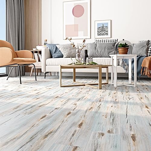 Miniatura 2 de FunStick 30 piezas de baldosas de vinilo de madera recuperada azul de 6 x 36 pulgadas, tablones de madera para despegar y pegar, azulejos adhesivos