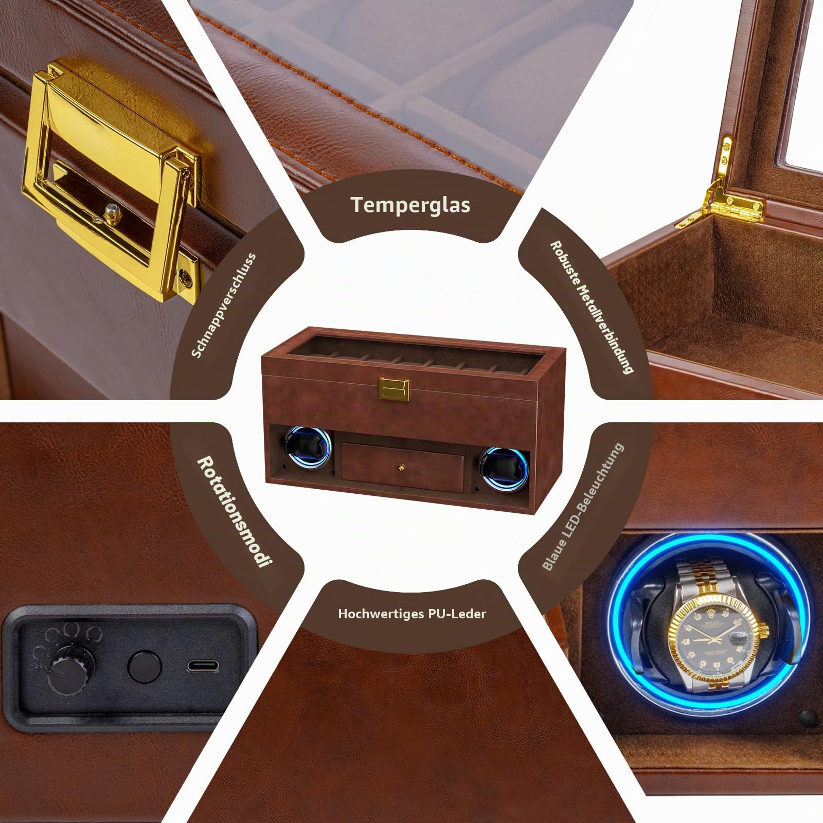 XTELARY Doppel-Uhrenbeweger, Uhrenbeweger für 2 Automatikuhren mit 16-Fach-Uhrenvitrine, Schubladenbox, 4 Rotationsmodi, verstellbarem Uhrenkissen und blauem LED-Licht für Uhrenliebhaber