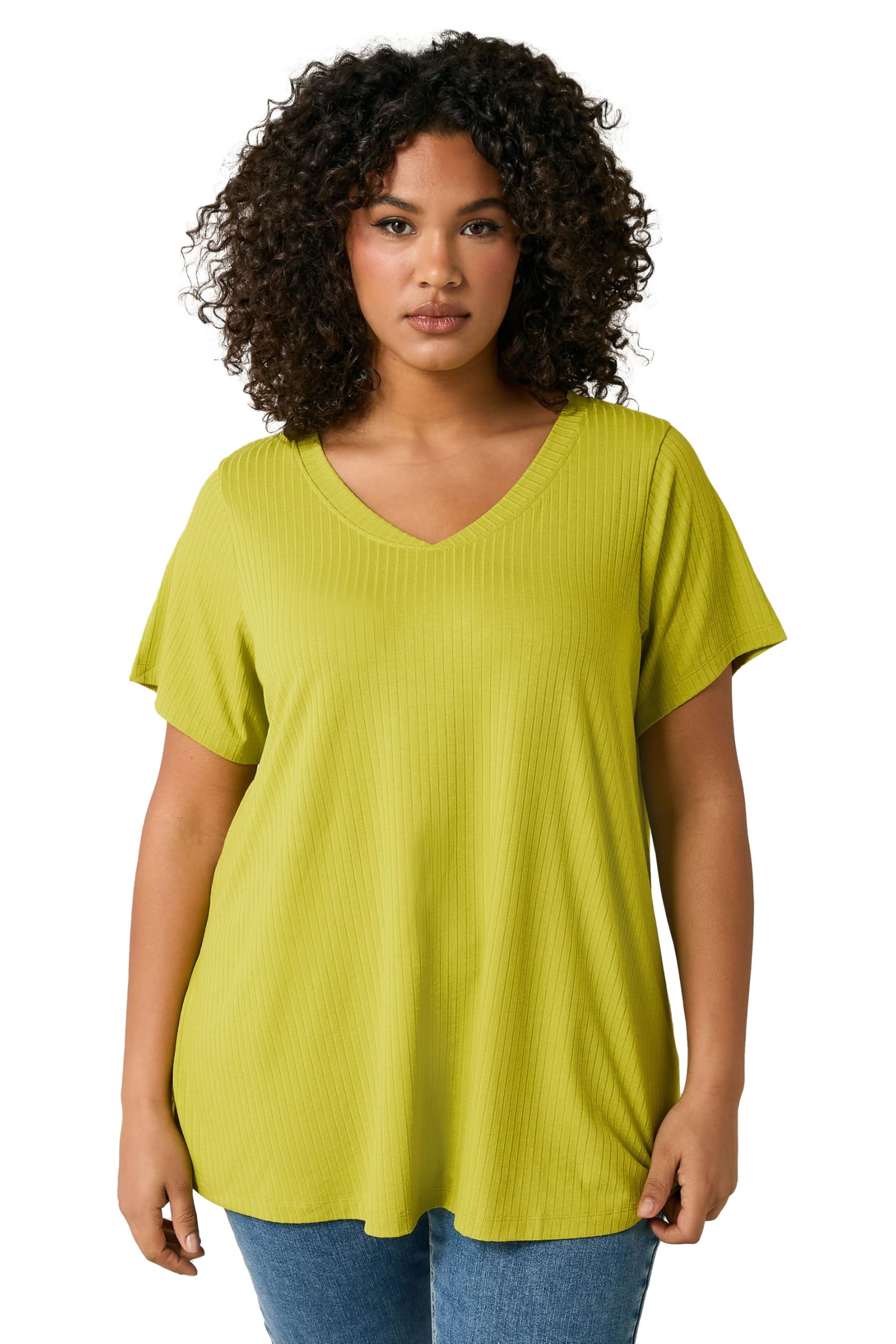 Evans Women's Light Green Curve Chartreuse Green Premium Ribbed Modal Blend T-Shirt - Plus Size Curve