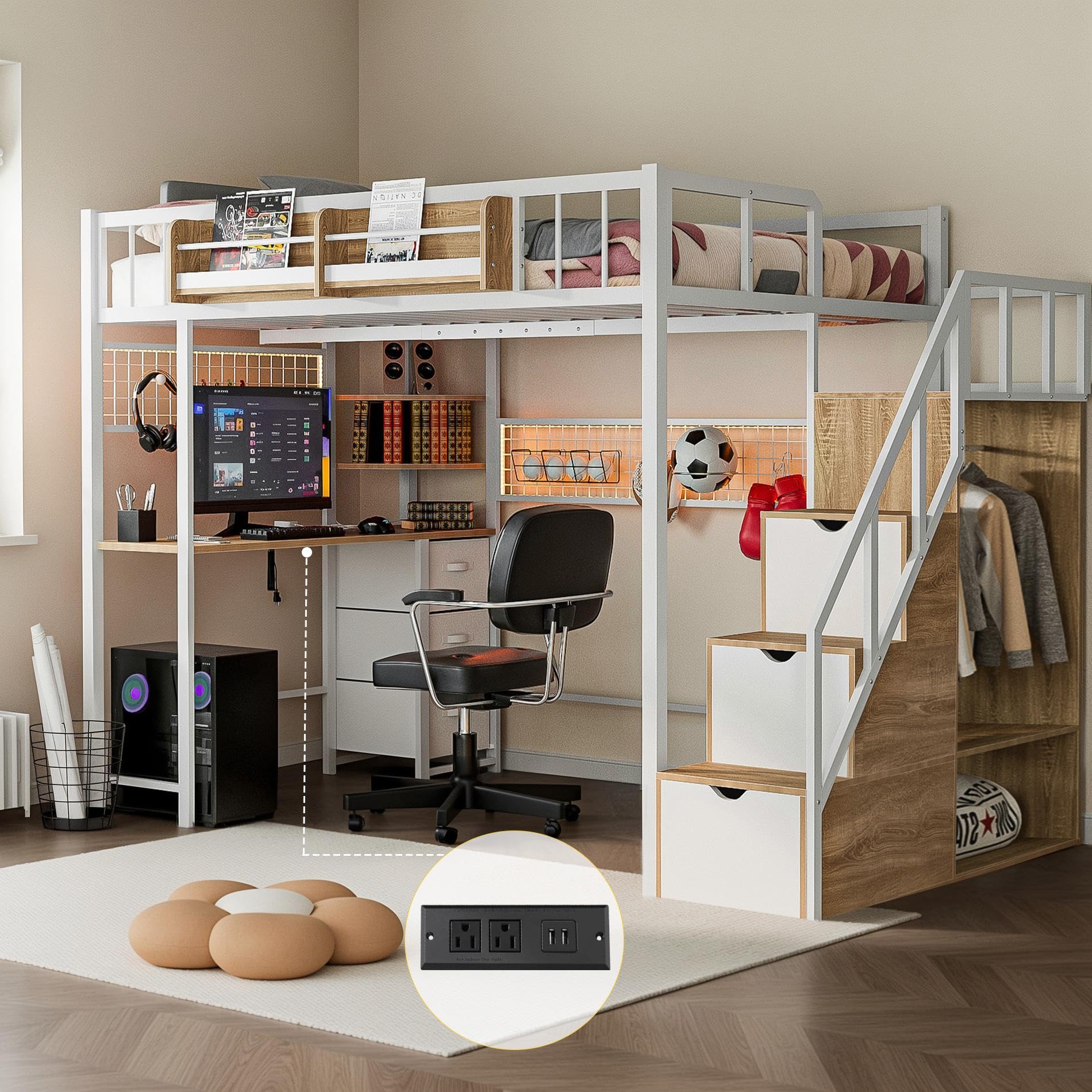 Kikihouse Twin Loft Bed with Desk, Storage Stairs & Wardrobe, Metal Loft Bed Frame w/Headboard, Bedside Shelf, Charging Station & 6 Drawers, LED