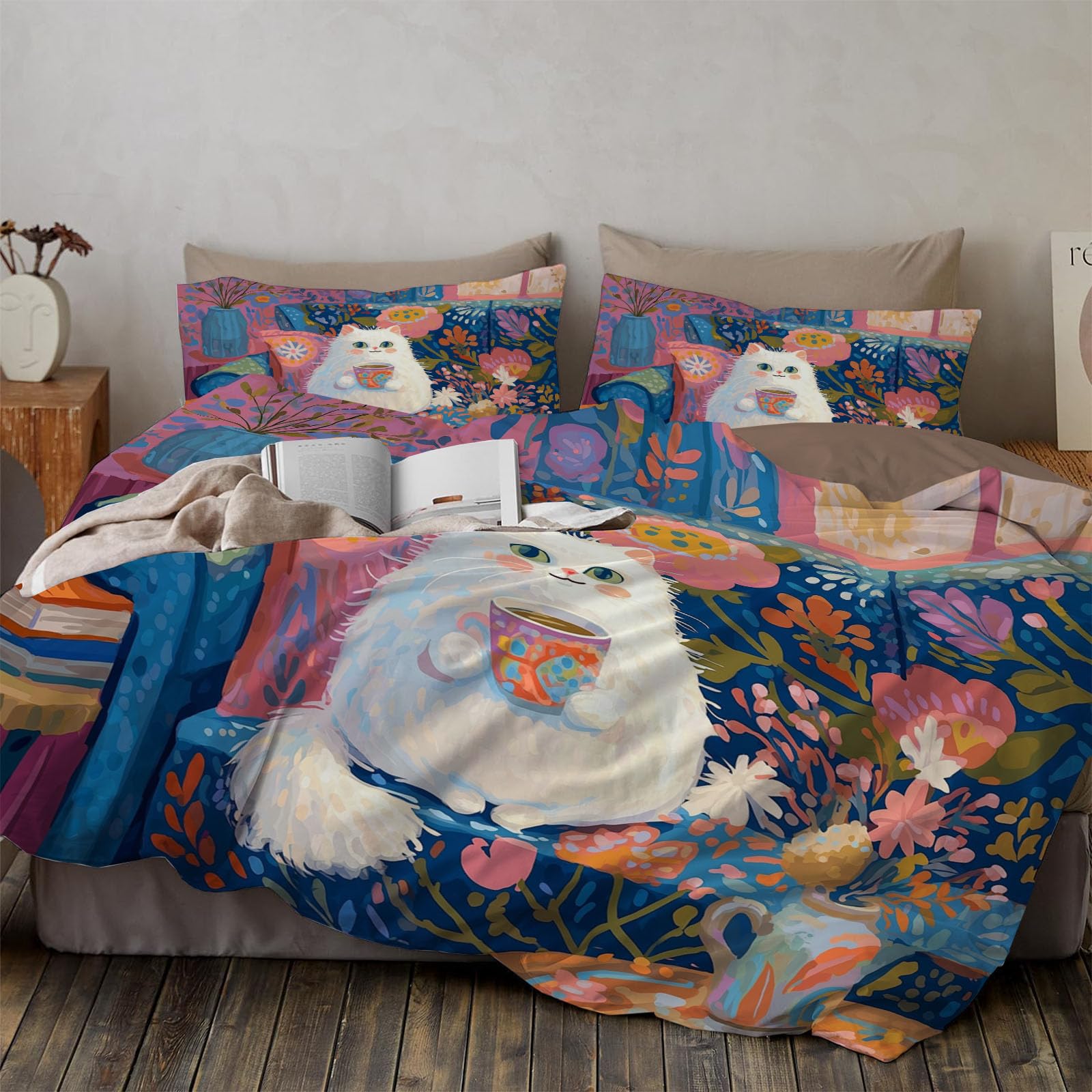 Housse de couette 200x200 blanc chat gras imprimé floral pour lit 2 personnes