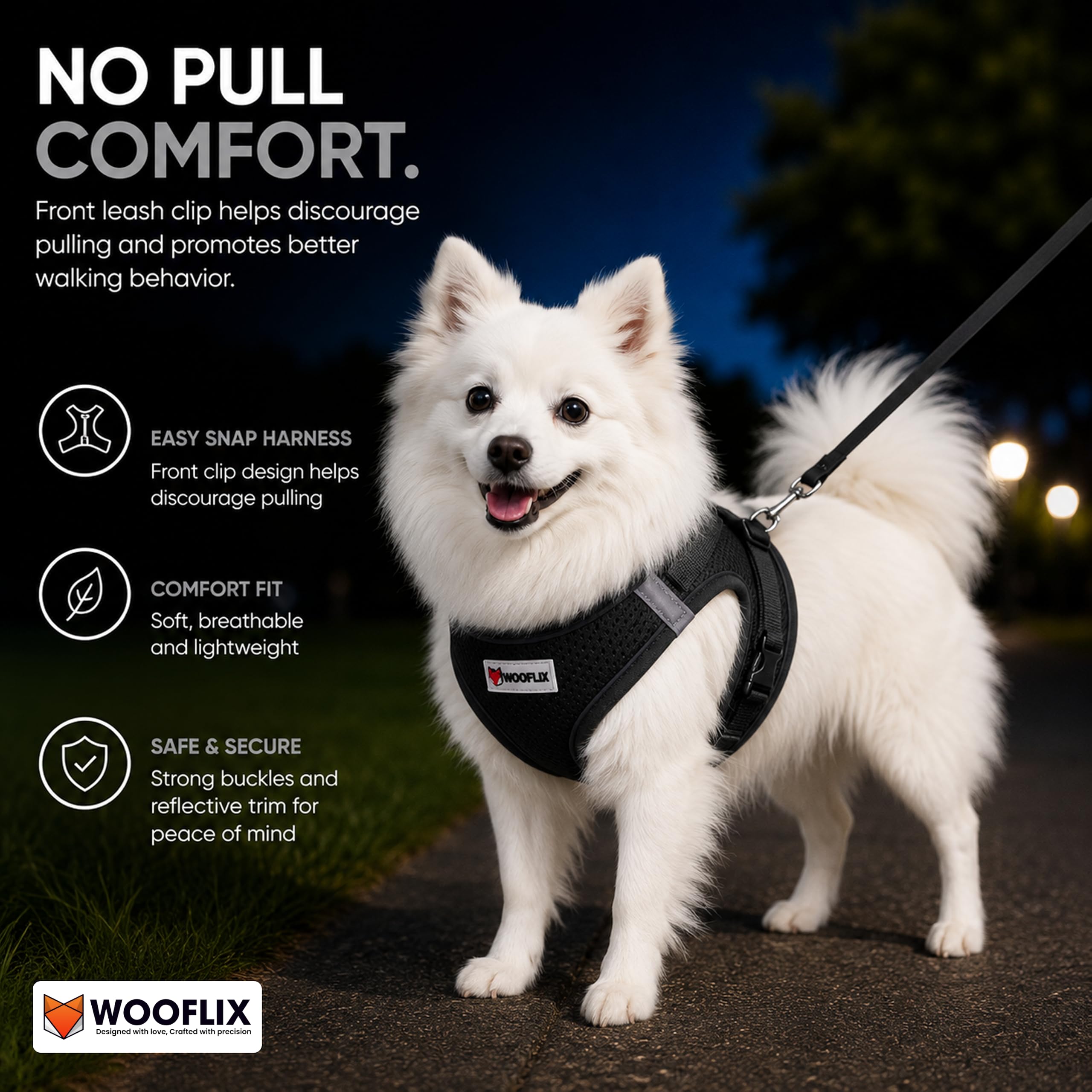 WOOFLIX Dog Harness for Small Dogs, Puppies and Cats | Suitable for Small Size Dogs, Cats & Puppies of 7 kg - 10 kg | Reflective Soft Padded Dog Harness with Secure Fit | Black (7 kg-10 kg Dog & Cat) 1