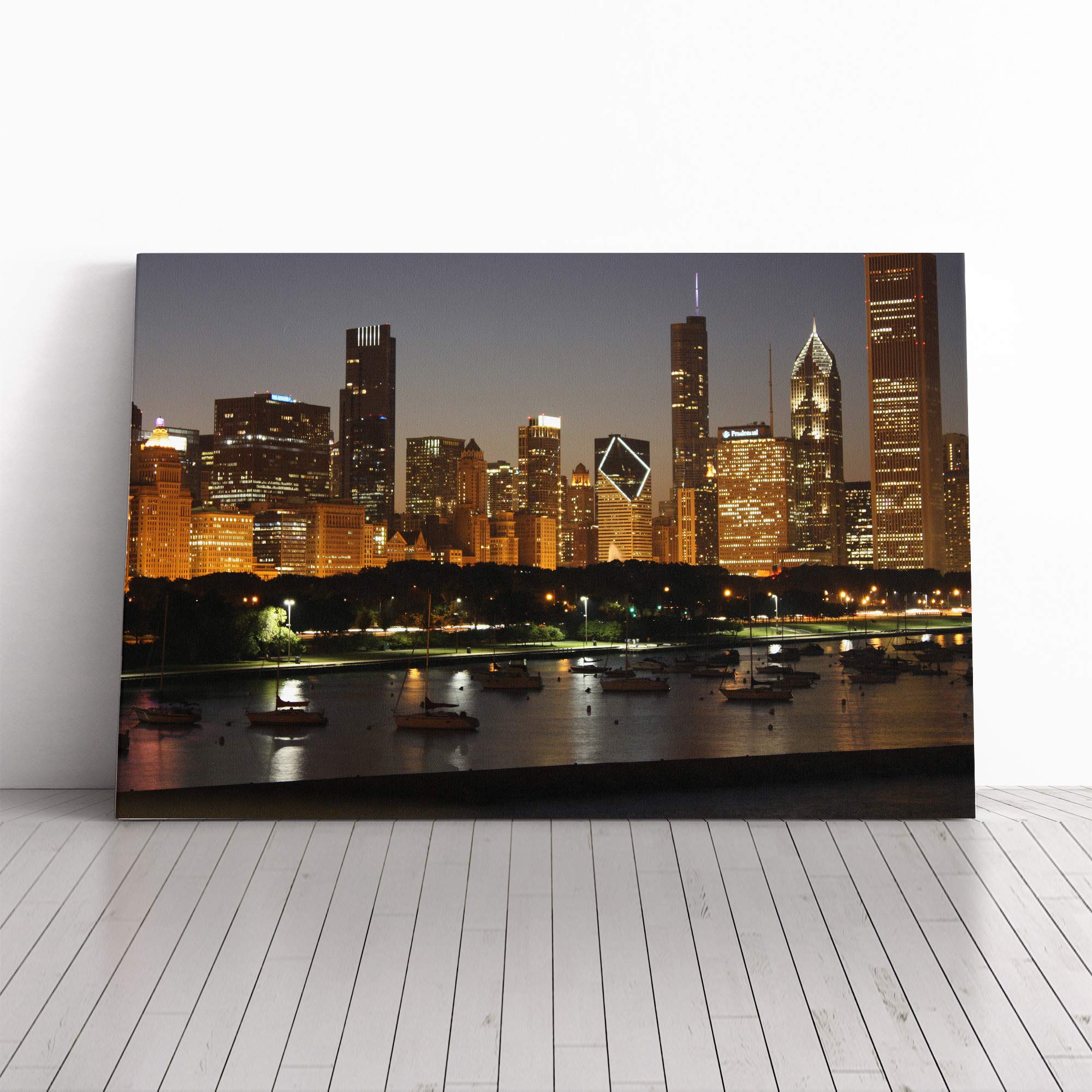 Illinois Chicago Skyline USA Canvas Print | Gallery Wrapped 30mm Frame Wall Art | 24x16 inches | Ready to Hang | Modern Cityscape Picture | Living Room Bedroom Lounge Office