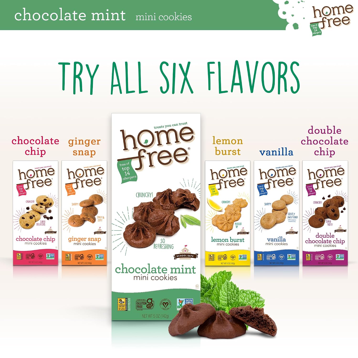 Homefree Chocolate Mint Mini Cookies, Gluten Free, Nut Free, Vegan, School Safe and Allergy Friendly Snack, 5 oz. Box (Pack of 6)