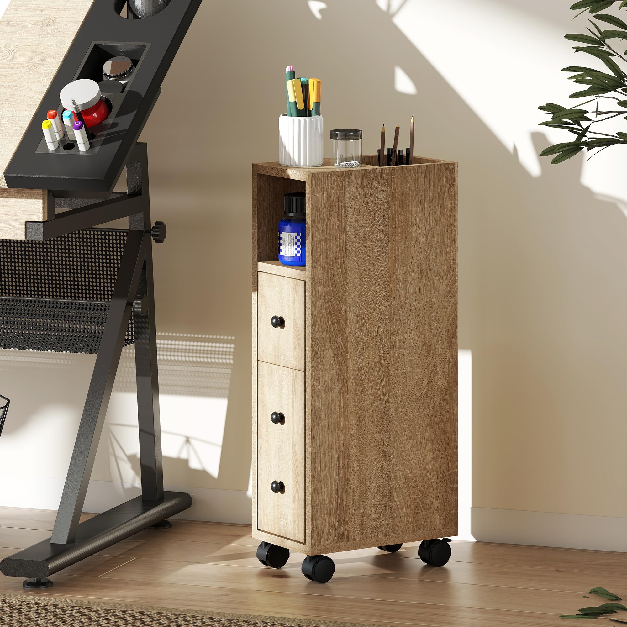 kleankin Armario de Baño con 4 Ruedas Mueble Auxiliar para Baño con Estante Abierto Puerta y Cajón para Espacio Reducido 18x30x68,5 cm Roble