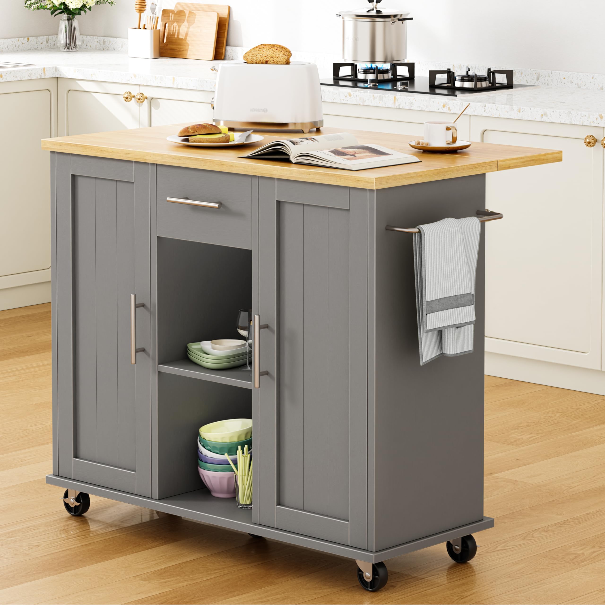 Shintenchi Kitchen Island with Storage, Bar Cart Cabinet Island Table on Wheels, Rolling Microwave Cart for Kitchen with Drop Leaf, Drawers, Towel Rack, Seating Area for Dining Room, Gray