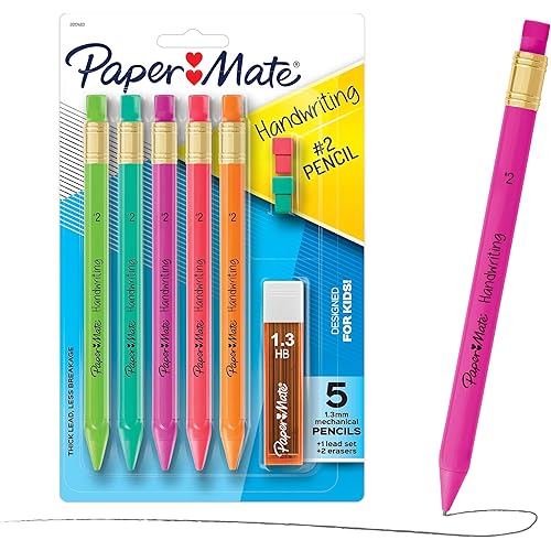 Paper Mate Handwriting Triangular Mechanical Pencil Set with Lead & Eraser Refills, 1.3mm, 8 Count - Back to School, Teacher Supplies, Home, Kids Writing, Fun Barrel Colors