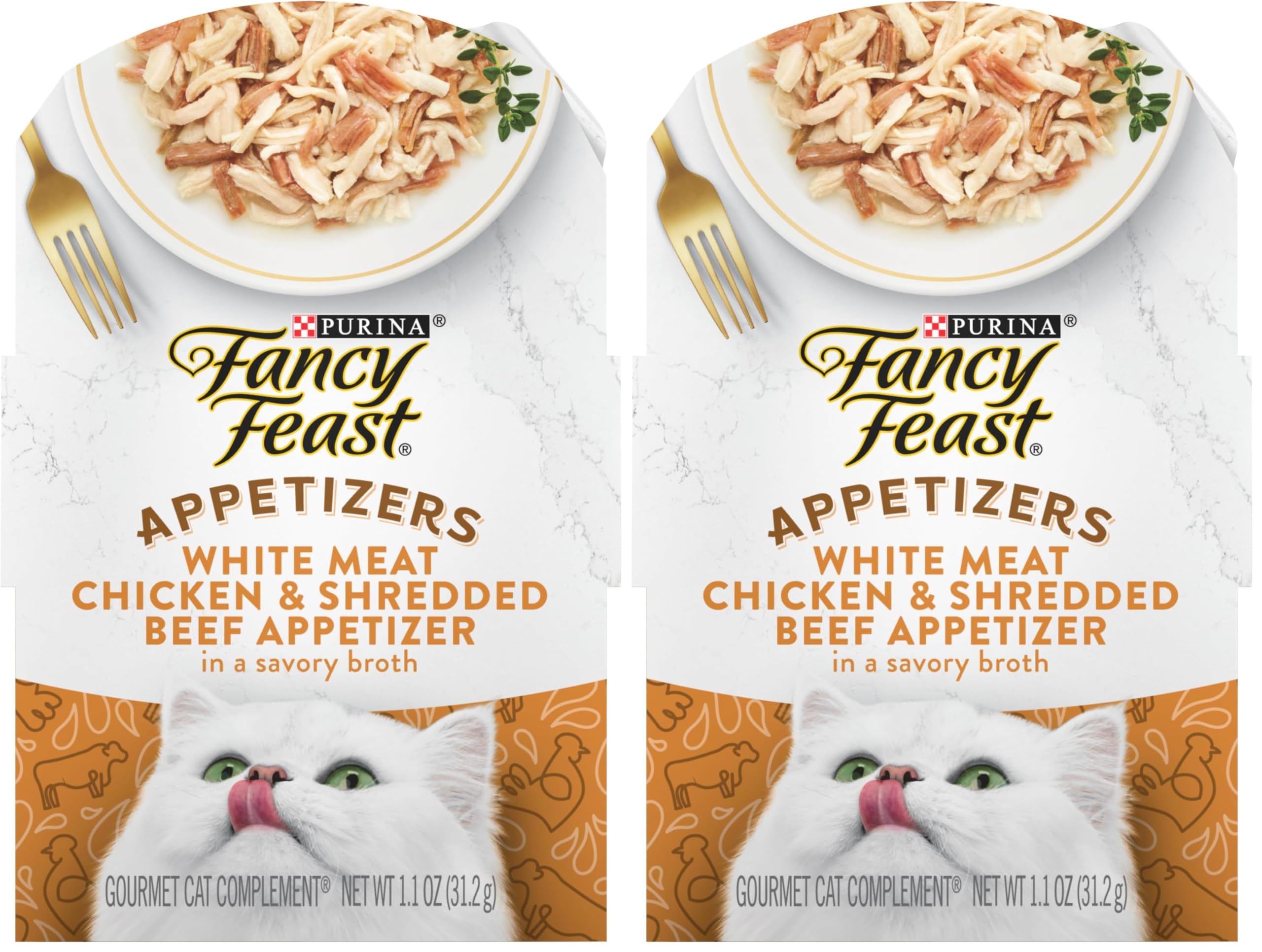 Fancy Feast Purina Appetizers Lickable Grain Free Cat Food Topper White Meat Chicken and Shredded Beef Appetizer - 1.1 oz. Trays,(Pack of 20)