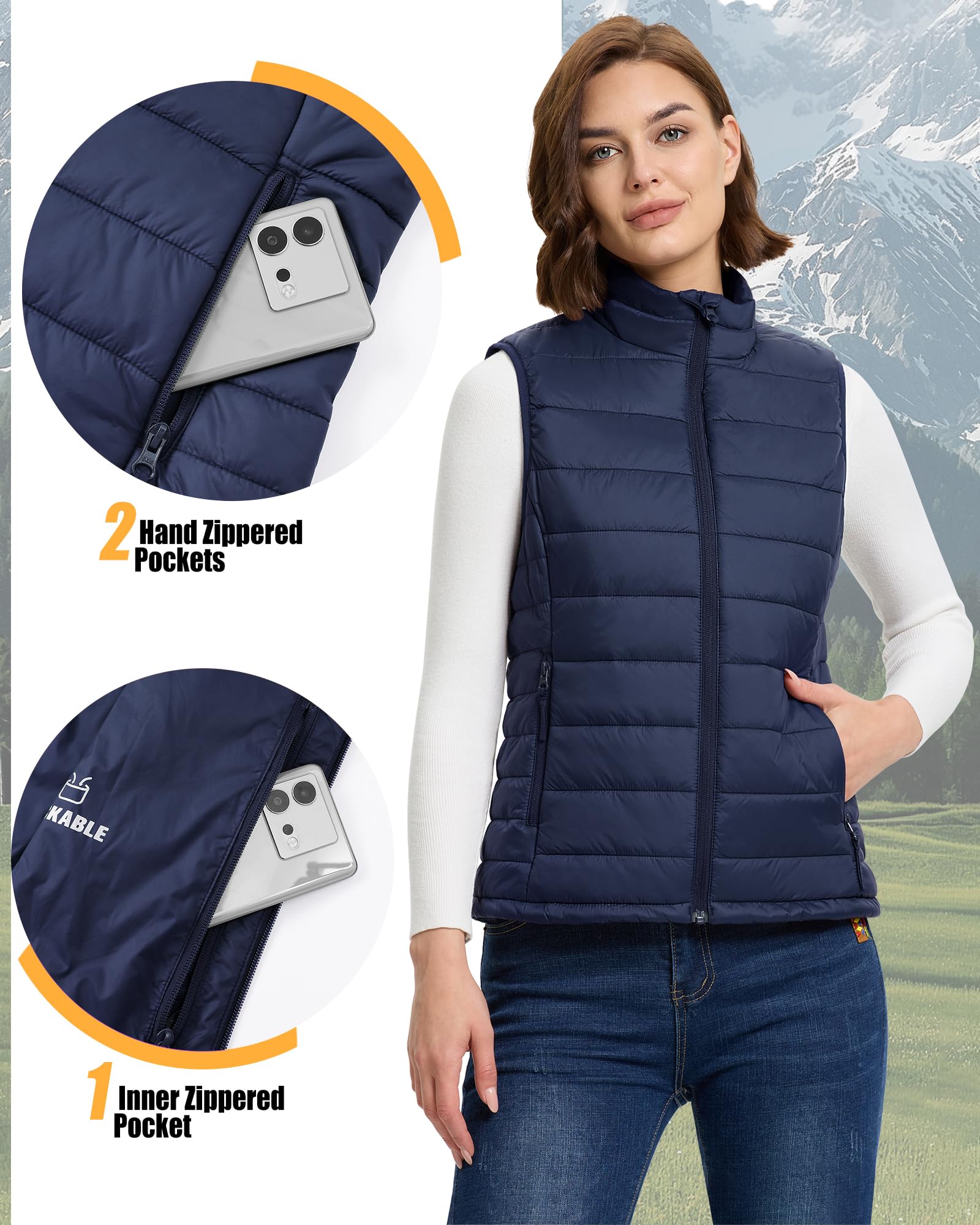 Outdoor Ventures Gilet matelassé pour femme - Gilet de transition pliable - Doublé - Hybride - Gilet de sport chaud - Gilet de cyclisme avec col montant pour la randonnée et le camping