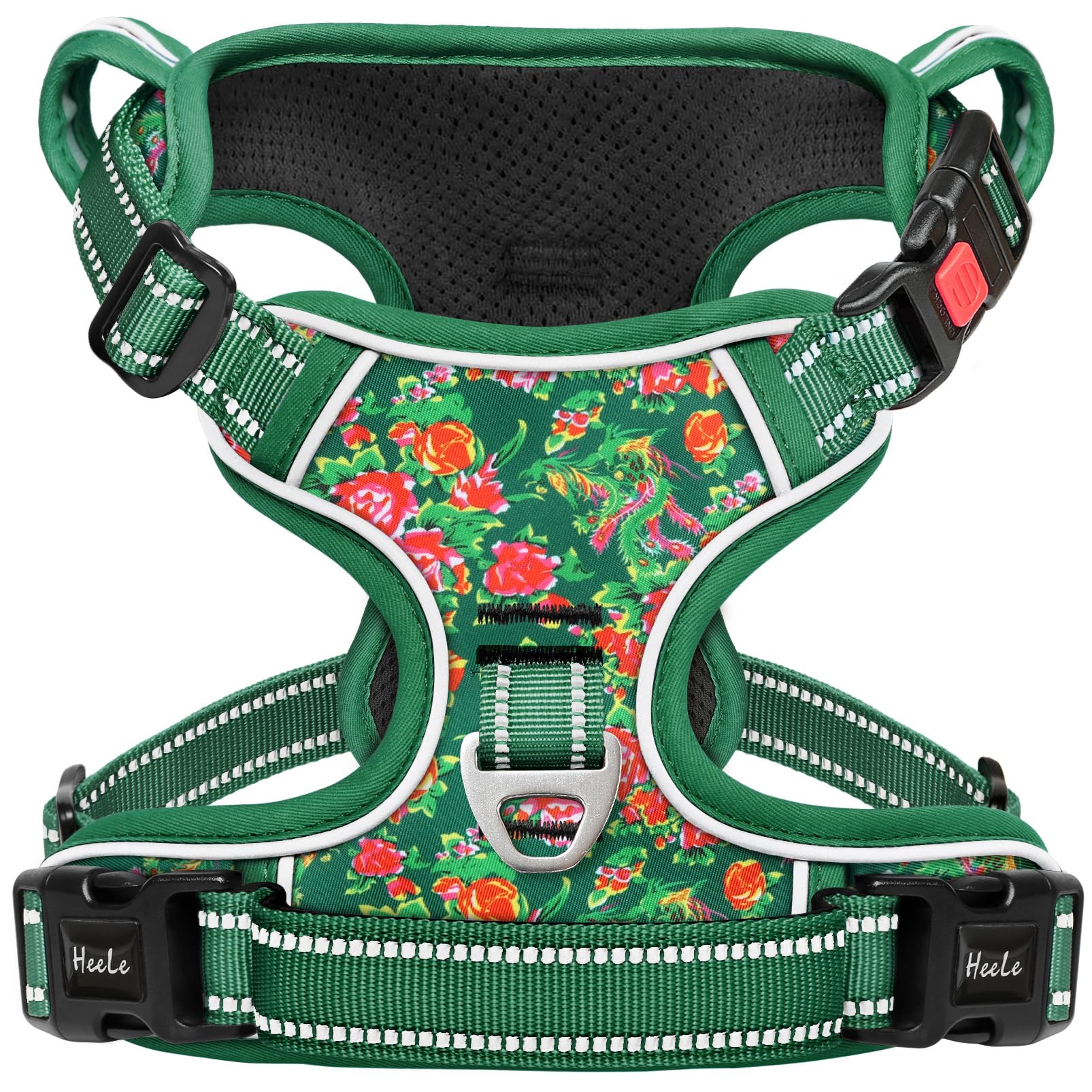 HEELE Pettorina Cane, Imbracatura Sganciata Rapido dal Collo, Pettorina Anti-tiro Riflettente e Regolabile con Maniglia Comoda, Morbida e Imbottita per Cani, Floral-Verde-Serratura S