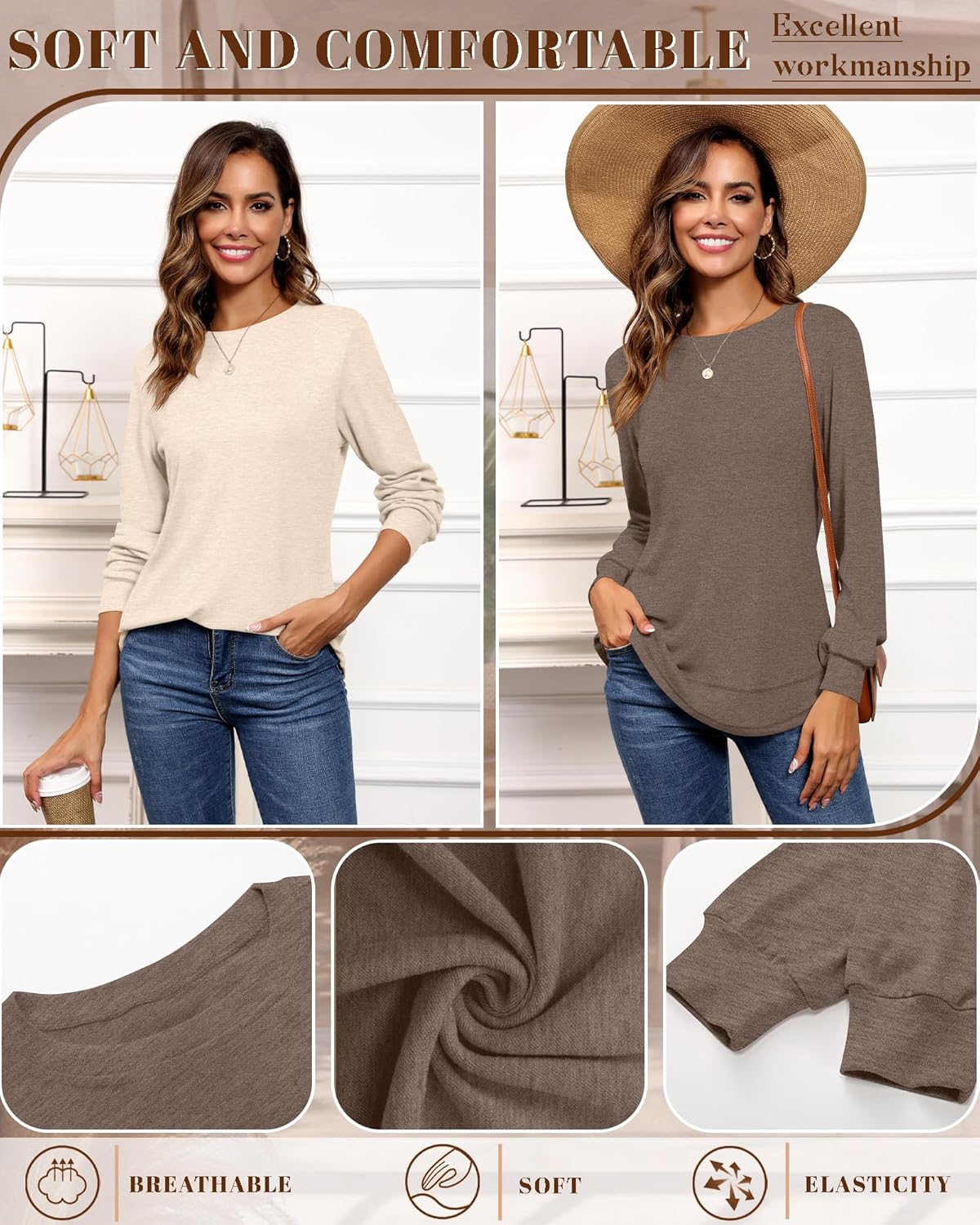 Riyiper 2 Pack Women's Crew Neck Sweatshirts, Cotton Long Sleeve Casual Shirts Loose Fit Tunic Tops Plain Basic Pullover Tees - Image 5