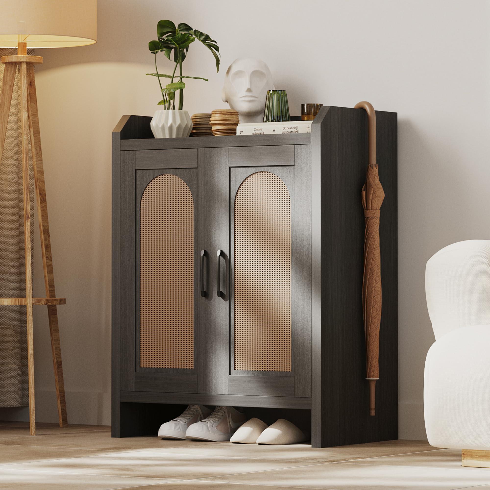 Shoe Cabinet Storage for Entryway, Natural Rattan Shoes Cupboard, Wooden Shoe Rack with Doors and Shelves, Farmhouse Boho Wood Shoe Organizer Cabinet for Hallway Black