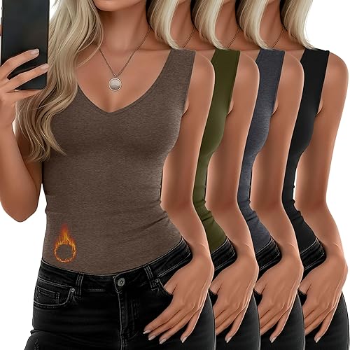 Miniatura 7 de Paquete de 4 camisetas térmicas sin mangas para mujer, con cuello en V, forro polar, sin mangas, cálido, chaleco de capa base Negro